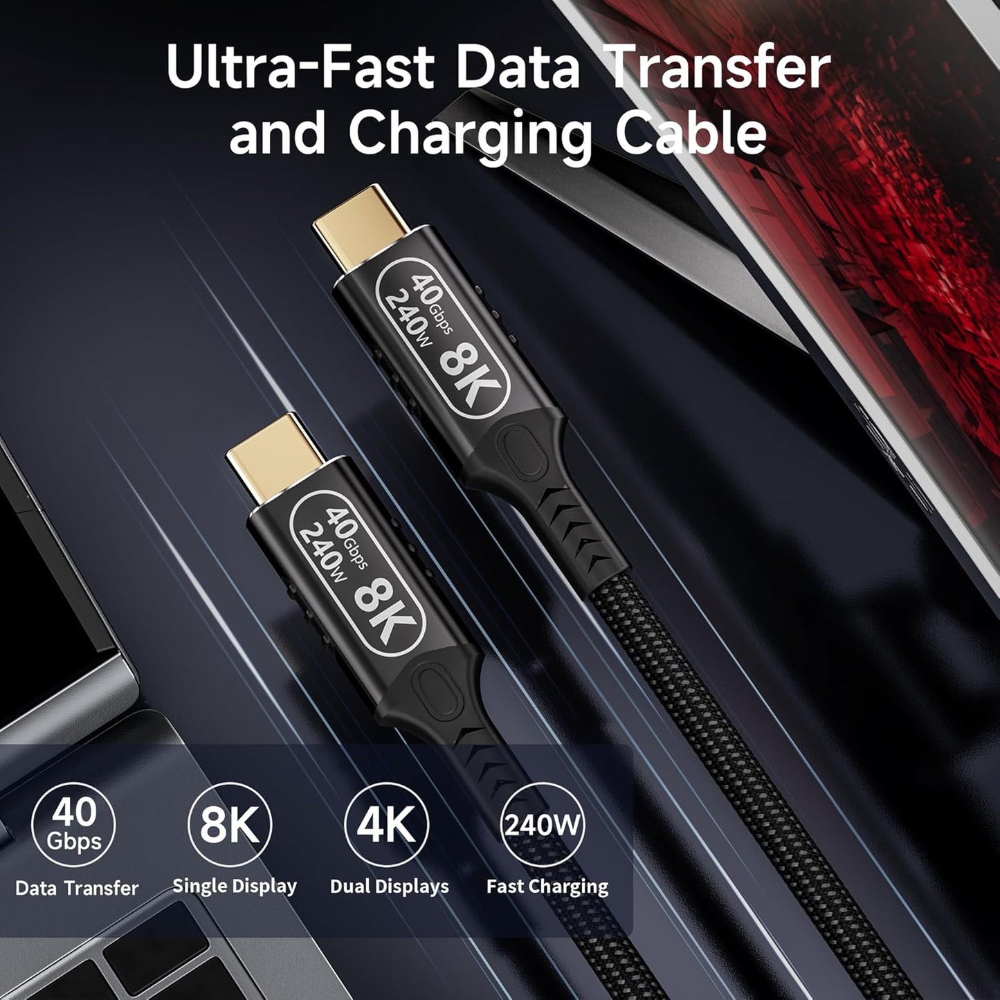 KMMXXCPM 10ft/3 4/3,usb4 40gbps 240W charging,8K/4K long usb c to usb c cable M Compatible With Thunderbolt cable