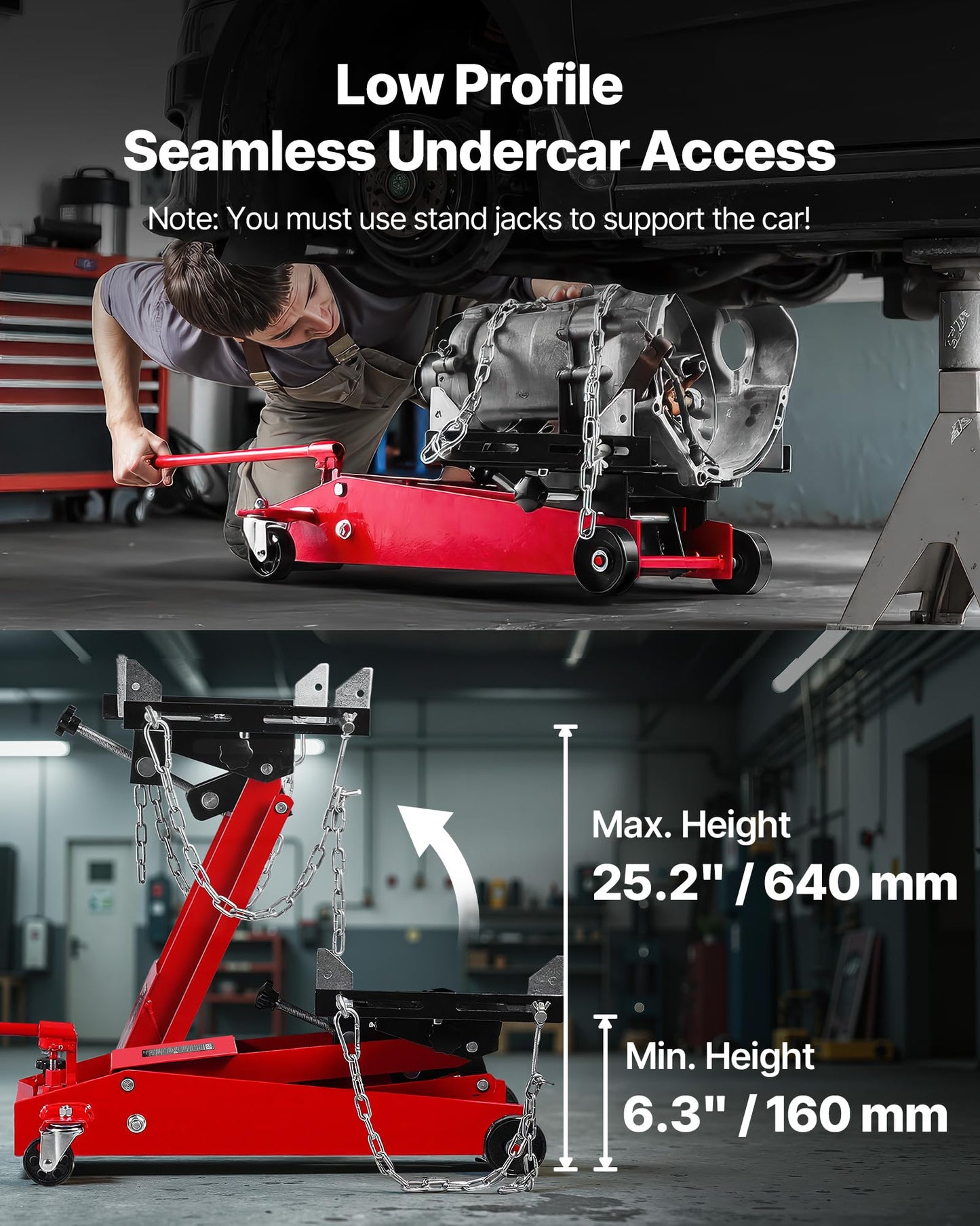 VEVOR Adjustable Floor Transmission Jack 1000 LBS Low Profile Hydraulic Transmission Telescoping Heavy-Duty Lift Jack 6.3-25.2 in Lifting Height, 360° Swivel Front Wheels