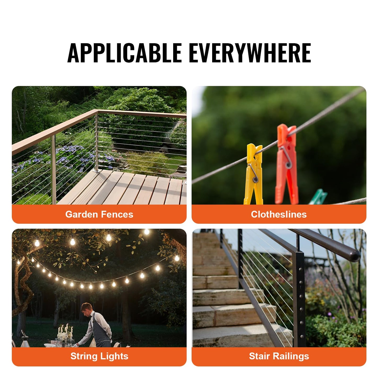 VEVOR 1/8 Stainless Steel Cable, 1000 FT 316 Cable Railing Kit with Cutter and Gloves, 1600 lbs Breaking Strength, 7x7 Strands Marine Aircraft Cable for Handrail Stair Decking Fence Outdoors