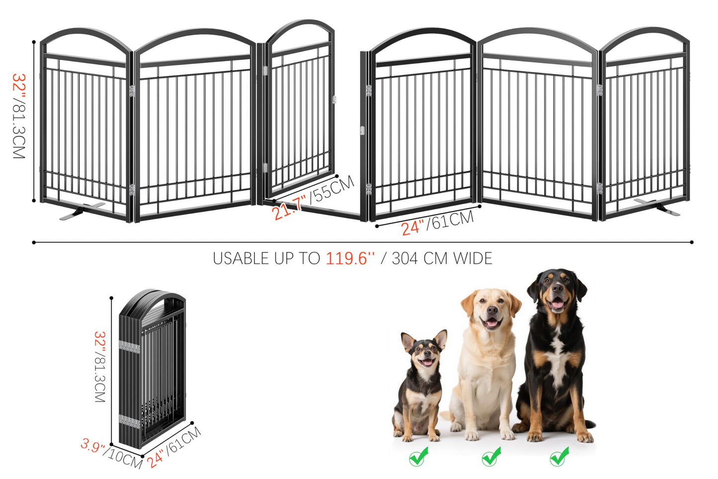 THKKY Folding No-Assembly Metal Freestanding Dog Gate with Door Walk Through,32" Height Pet Fence,144" Extra Wide Accordion Puppy Folding Playpen for Doorways,House,Stairs (6 Panels,Black)