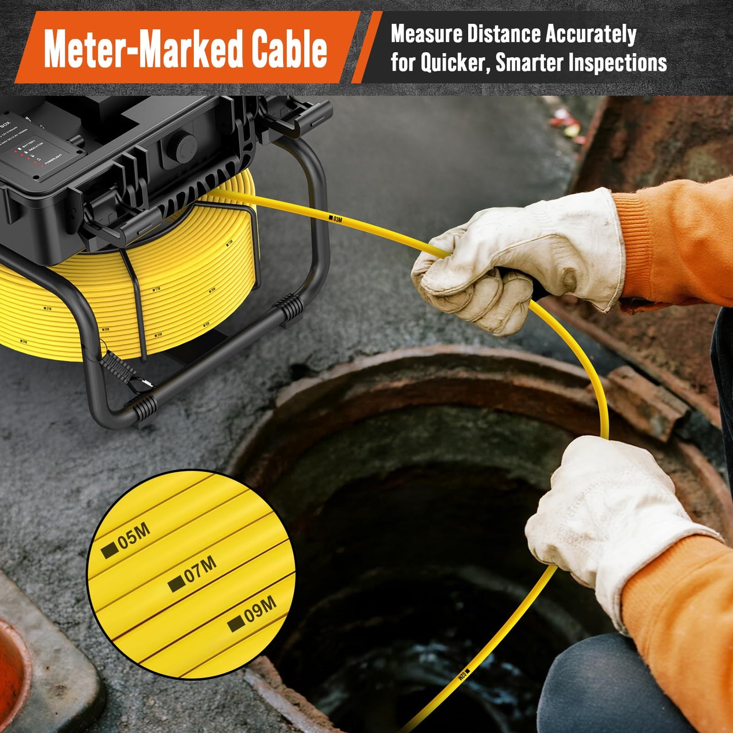 Drain Camera 165ft Self-Leveling with Meter Counter, 9 inch 1080p HD Screen, IP68 Waterproof Sewer Scope, 12 LED Lights, 32GB DVR Pipe Inspection System for Plumbing Line, Duct and Main Line