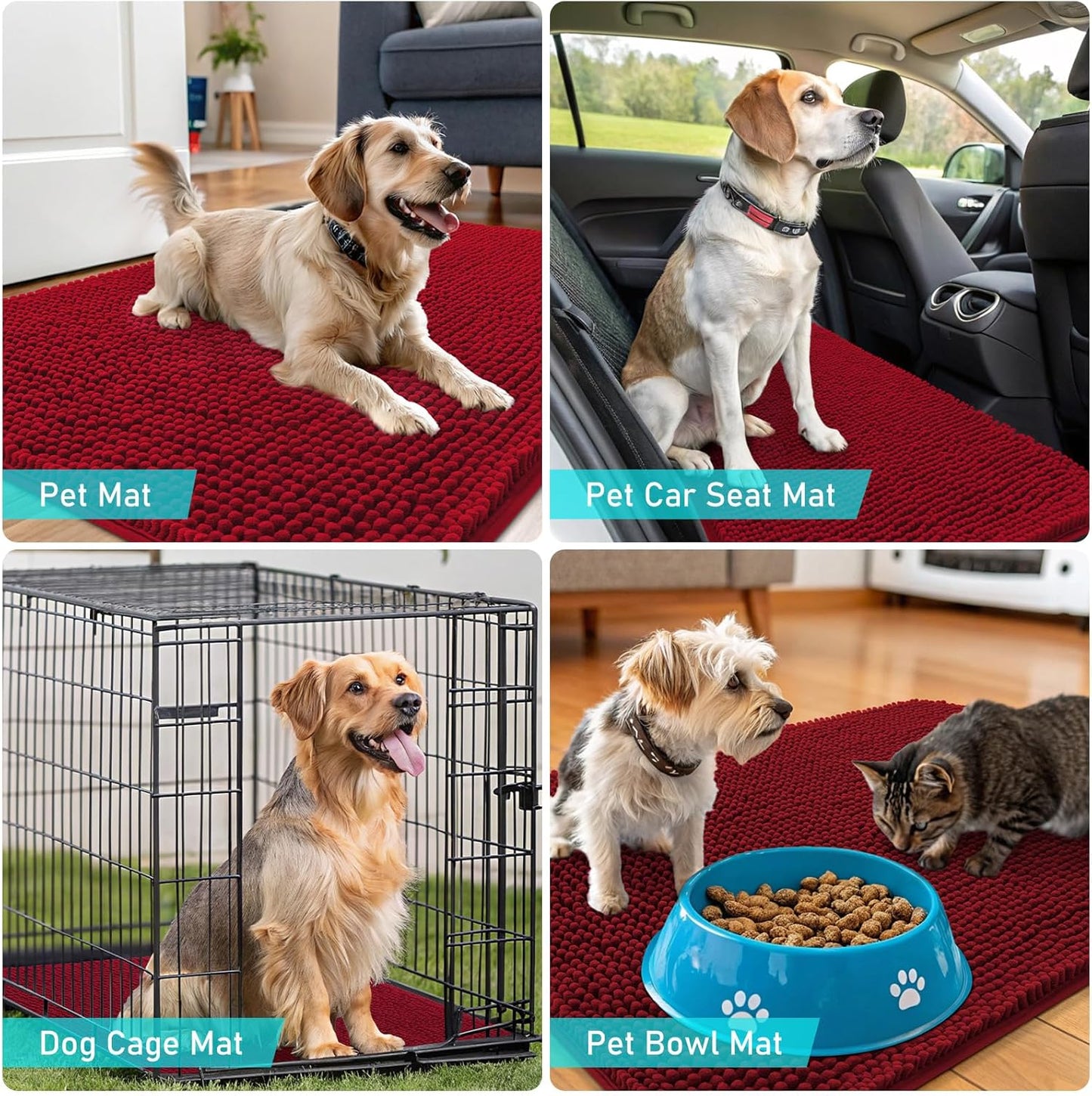 OLANLY Dog Door Mat - Absorbent Non-Slip Chenille Mat for Muddy Paws | 48x30 Red, Quick Dry & Washable