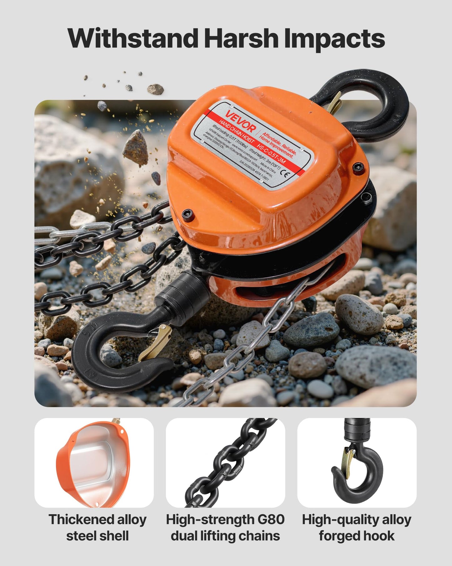VEVOR Hand Chain Hoist, 1/2 Ton 1100 lbs Capacity, Manual Chain Block with Upgrade G80 Galvanized Chain, 10 ft Lifting Height, Heavy Duty Pulley Hoist for Garage Warehouse Automotive Machinery, Orange