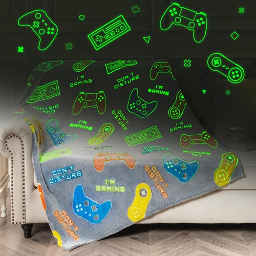 Glow in The Dark Gamer Gaming Blanket Gifts Toys for Kids Boys 1-14 Years Old Birthday Christmas Easter Gift Toddler Teens Boyfriends Game Controller Presents Throw Game Room Decor Grey 50"x 60"