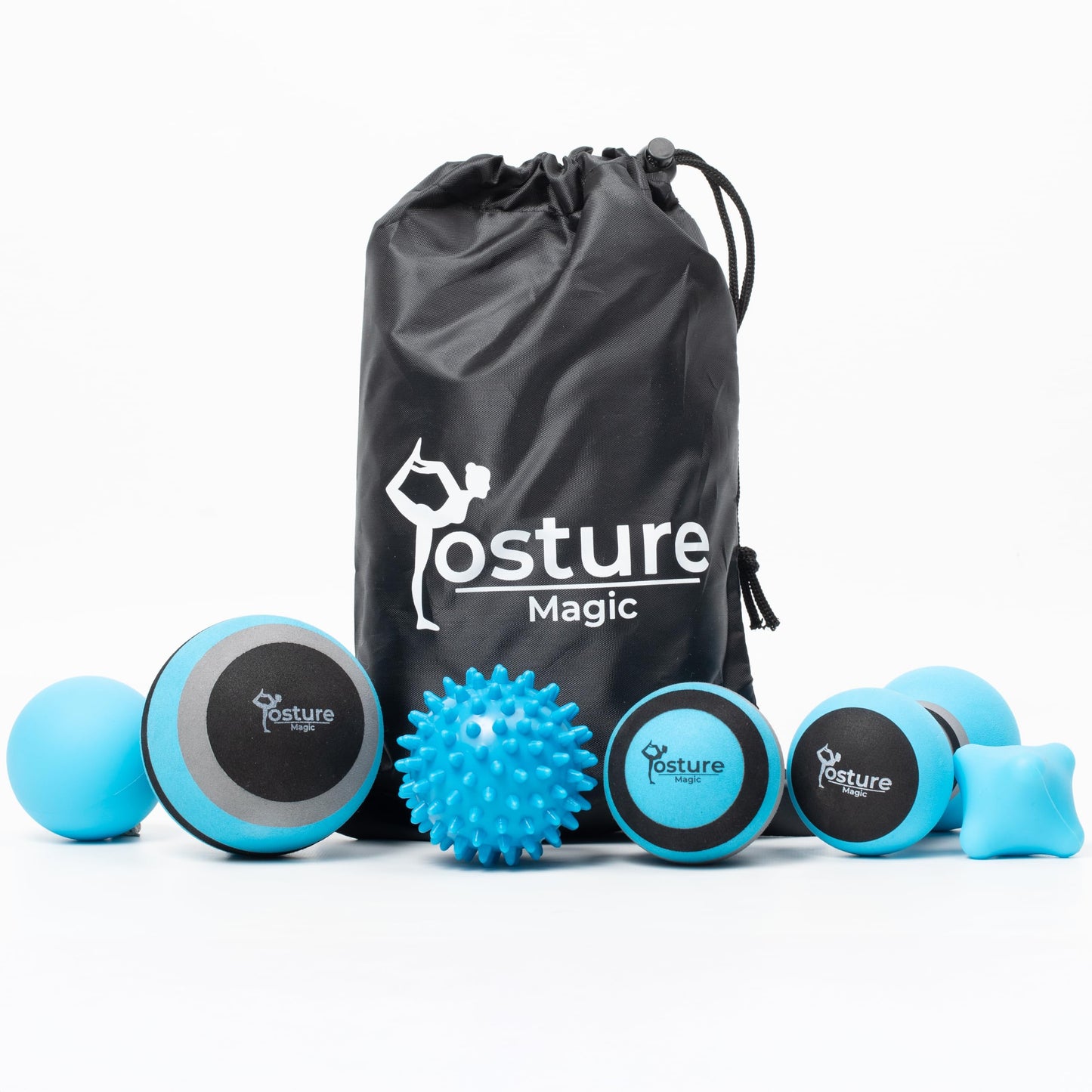 Posture Magic Massage Ball Set for Myofascial Trigger Point Release & Deep Tissue Massage - Set of 6 - Large Foam/Small Foam/Lacrosse/Peanut/Spiky/Hand Exercise Ball (Blue)