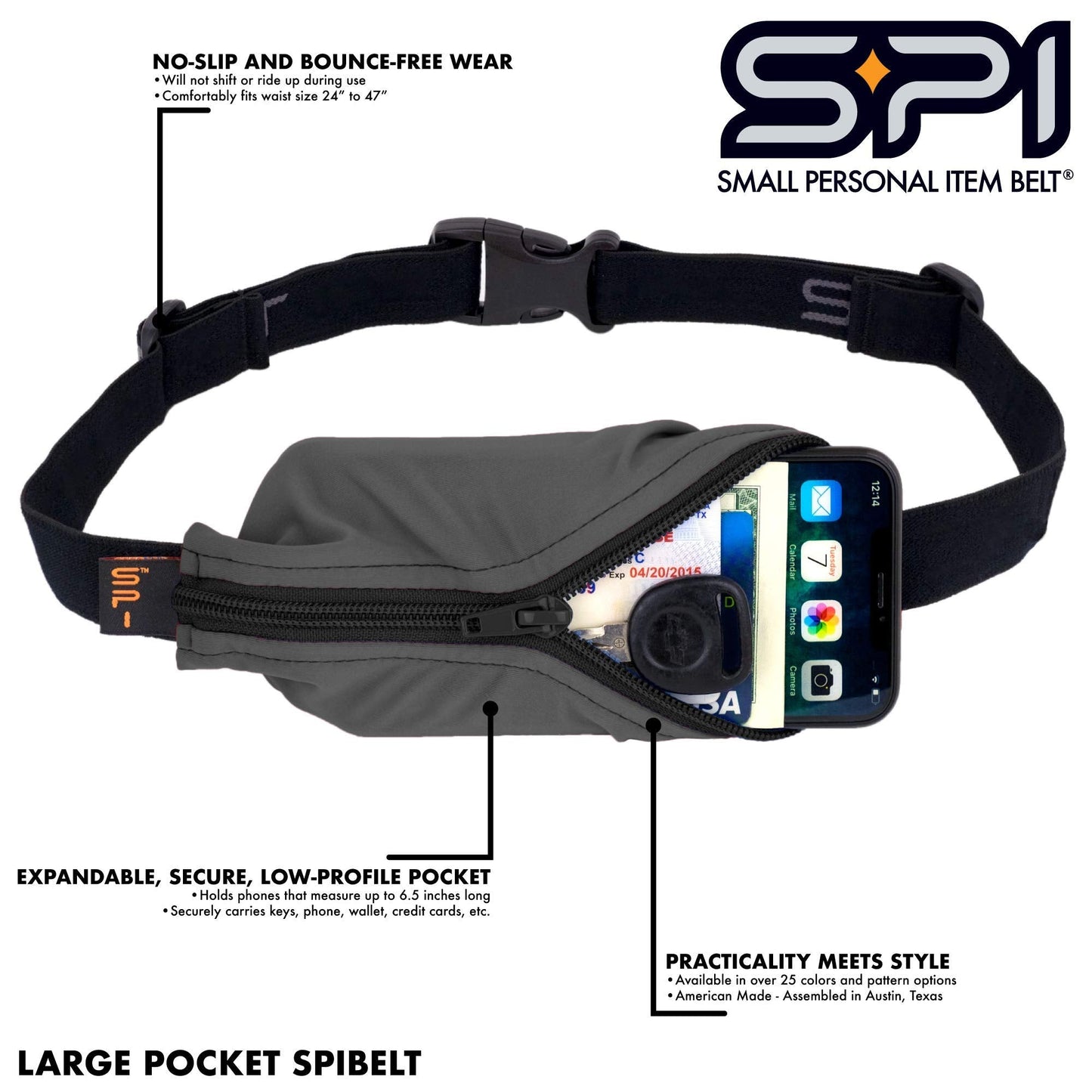 SPIbelt Running Belt Original for Women Men, Phone Holder for Running, Running Fanny Pack, Holder for Phone, Running Waist Pack, Adjustable Waist, [Fits All Phones]. Black with Black Zipper