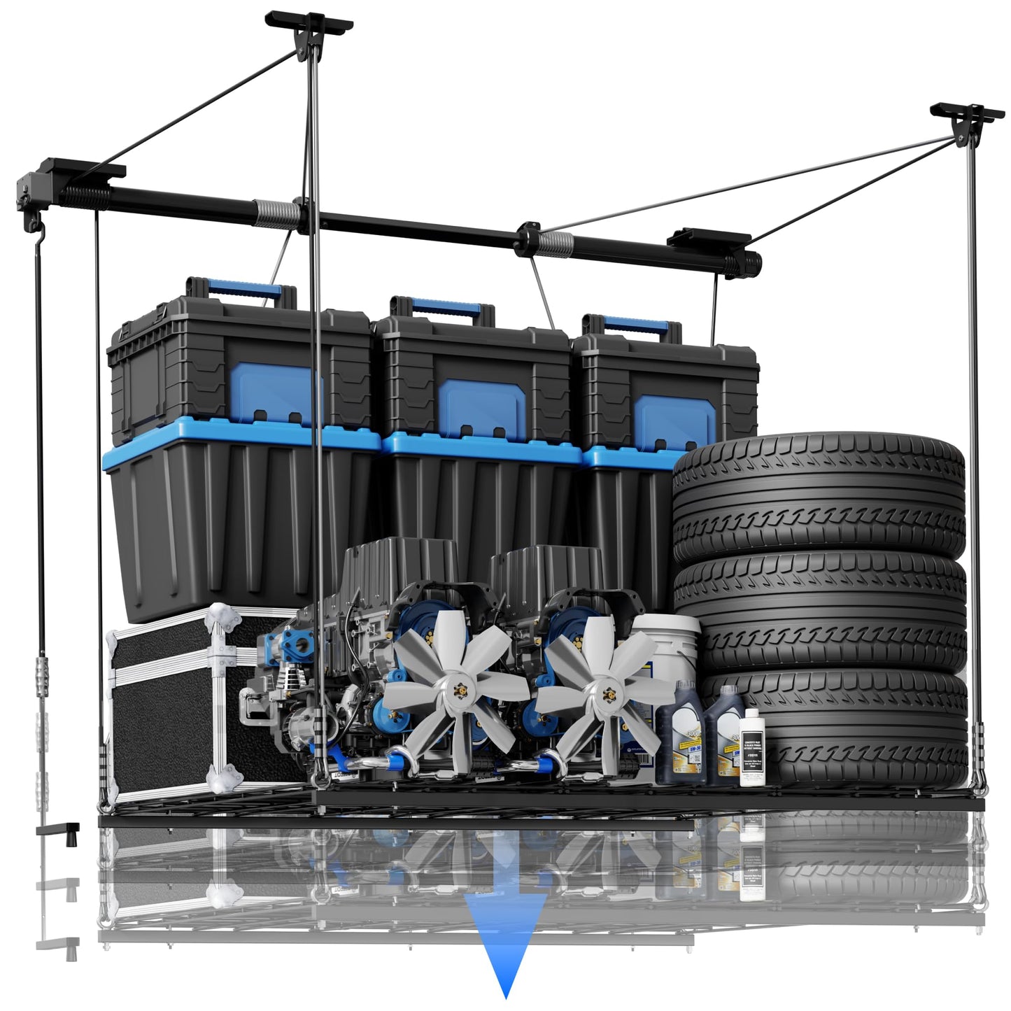 FLEXIMOUNTS GL1 Overhead Garage Lifting Storage Rack, 4x4 Ft Heavy-Duty Metal Garage Ceiling Rack, Adjustable Organization System With 71''L Axle, 350lbs Weight, Black