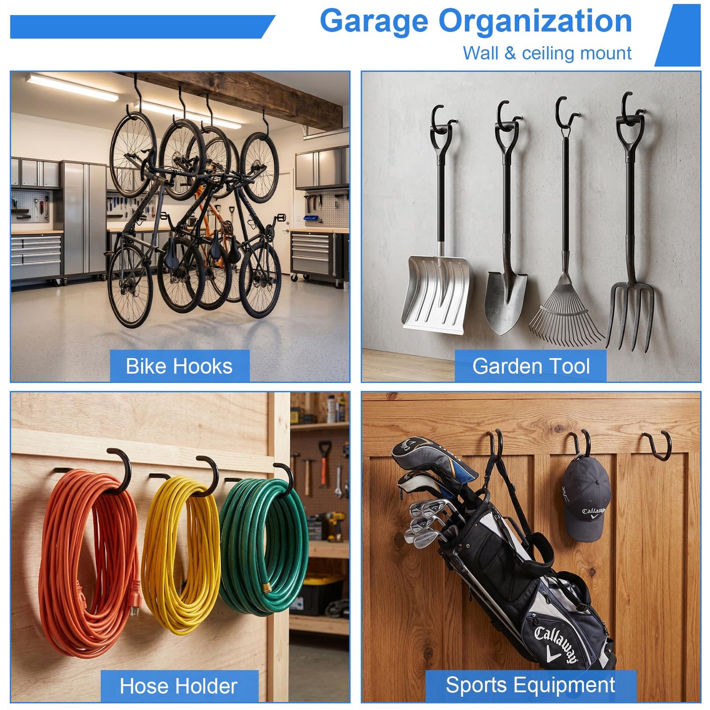 Garage Hooks Heavy Duty, Bike Hooks for Garage Wall Ceiling Mount, 100lbs Capacity Carbon Steel Bicycle Hangers with Anchors, Wide Opening Utility Storage Hooks for Mountain Road Bike Ladder 2 Pack