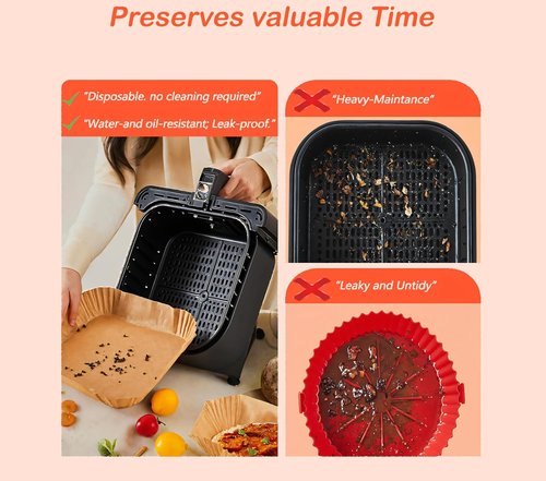 EkoHaven Signature Air Fryer Paper Liners - 127 Pcs Non-Stick & Oil Proof, 9” Square for 5-9qt Baskets