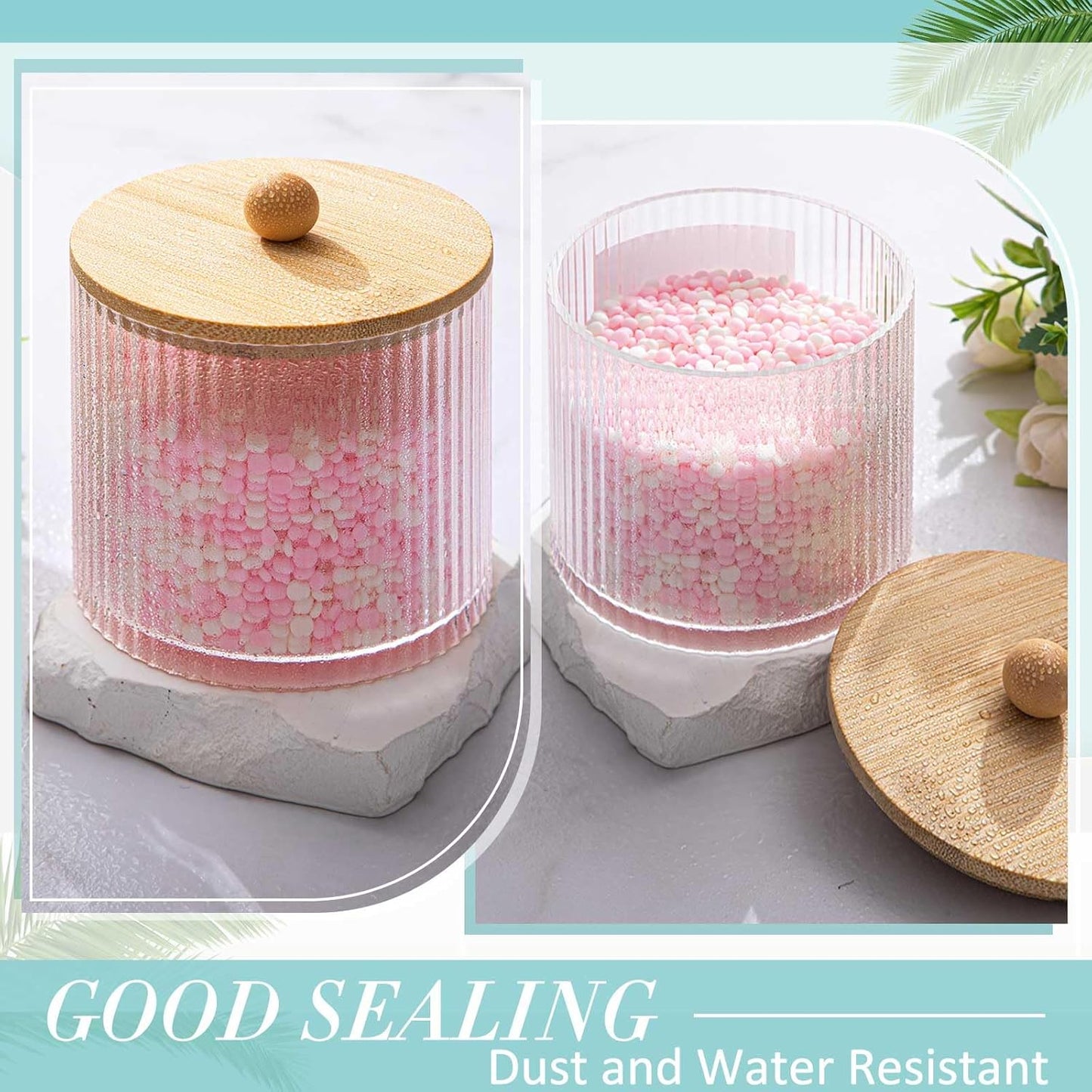 Yaomiao Ribbed Bathroom Canisters - 6 Pcs Apothecary Jars with Bamboo Lids & Labels | 18 oz Plastic Storage