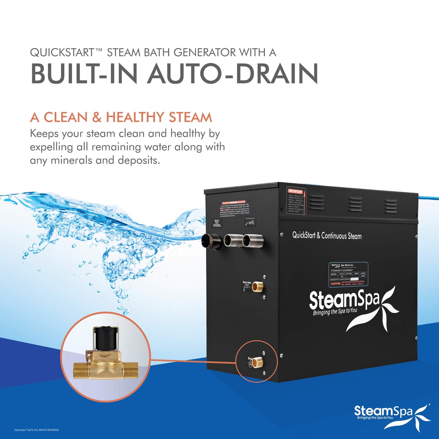 SteamSpa Generator with Quick Start Continuous Steam Technology, Wi-Fi, Bluetooth and Autodrain | 10.5kW Steam Generator with Black Steam Head with Aromatherapy Reservoir | RVB1050BK-A