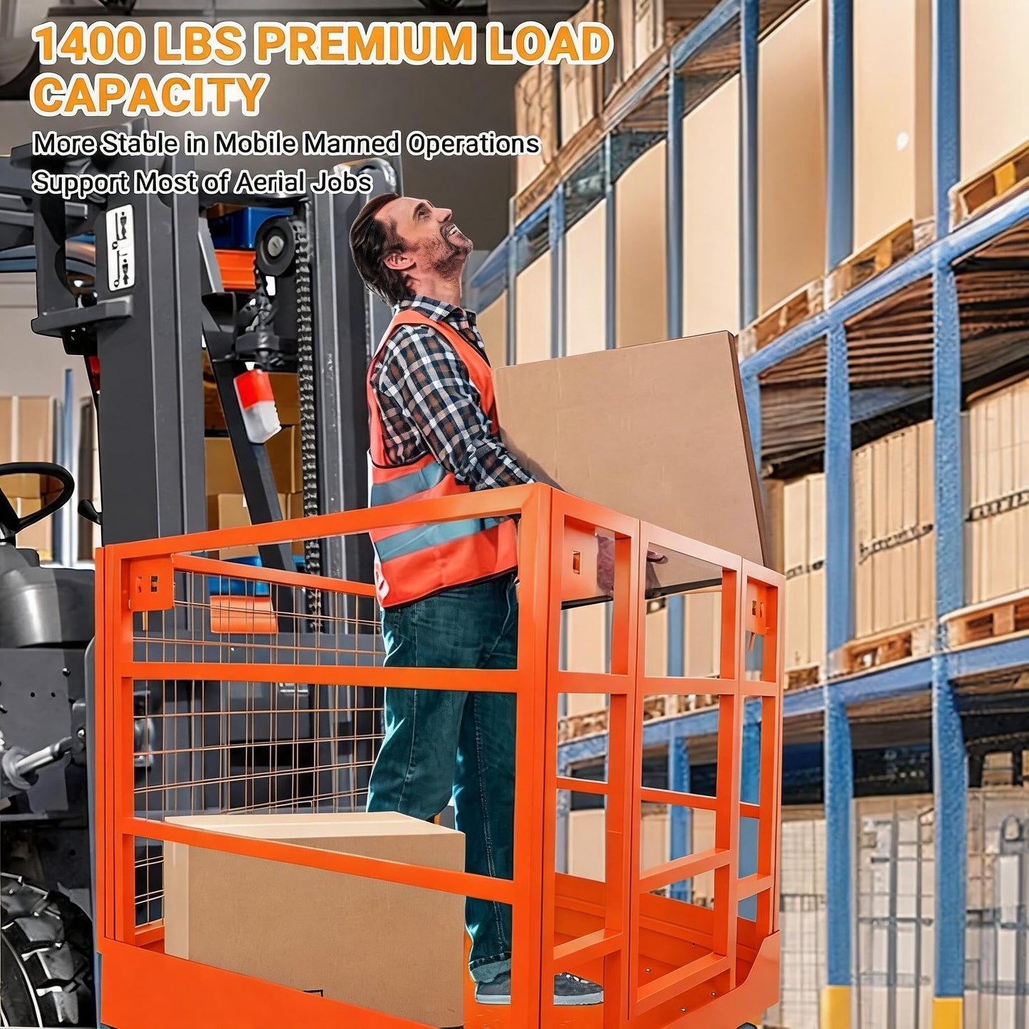 43"x45" Collapsible Forklift Safety Cage, 1800LBS 2-Man Forklift Man Basket Work Platform with Safety Harness & Lock, Forklifts Aerial Lift Basket for Lifting Loader