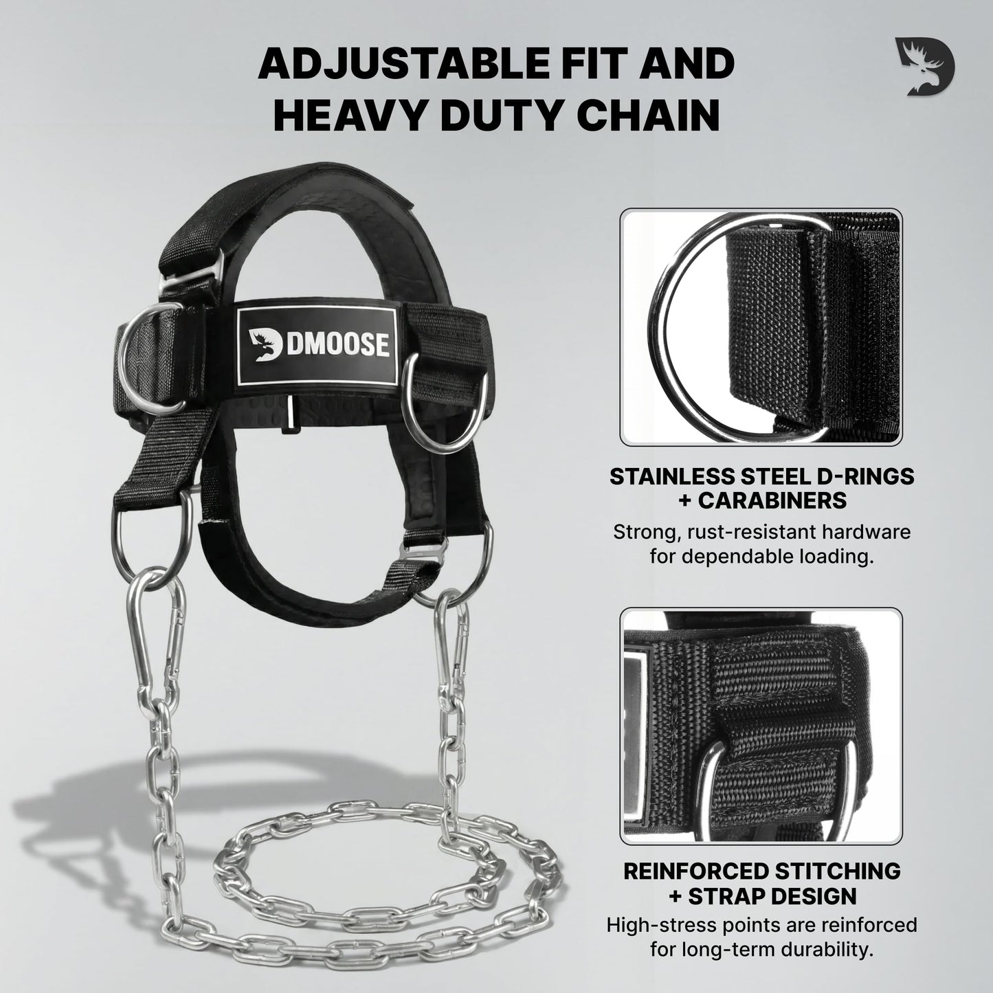 DMoose Fitness Neck Harness Plus for Weight Lifting - Soft Padded Head & Chin Strap with 30" Heavy Duty Steel Chain, 2 Bands & Door Anchor - Neck Exerciser & Strengthener (Neck Harness Plus)