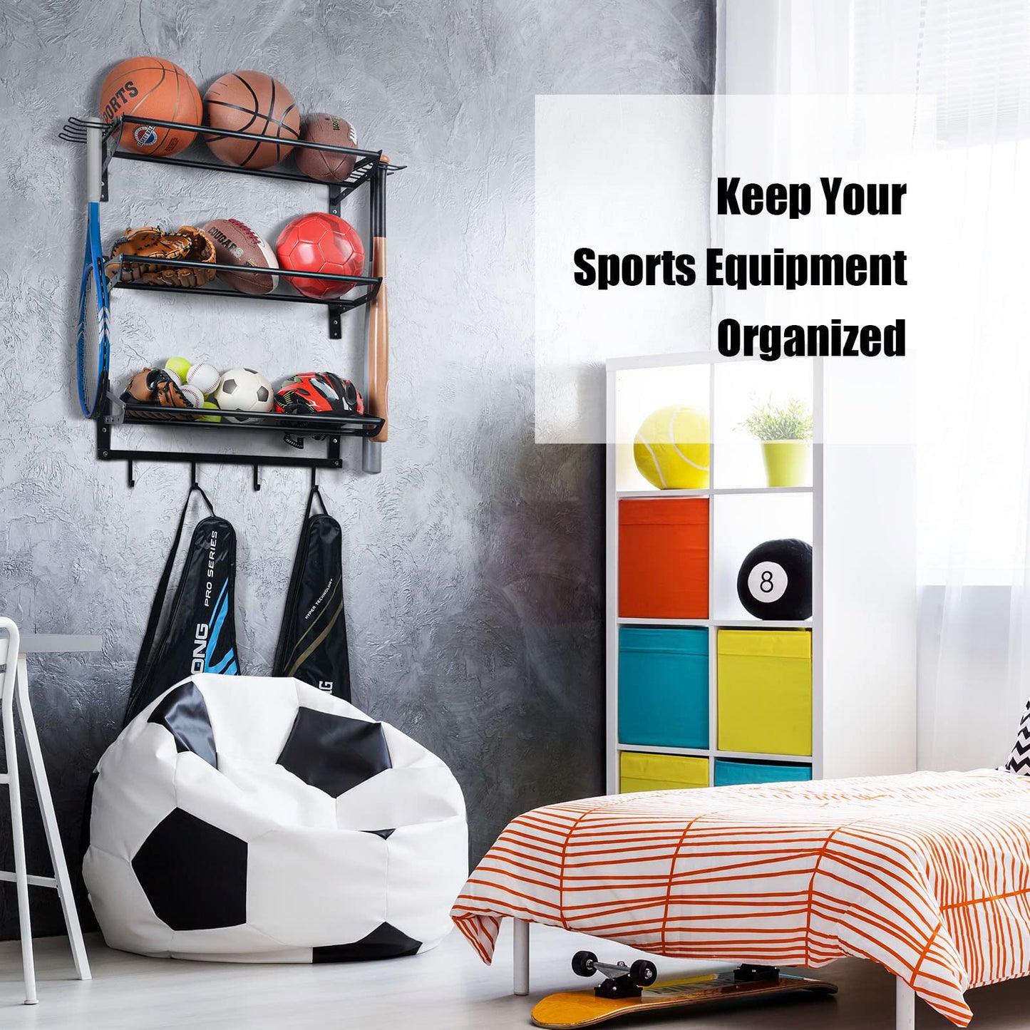 XCSOURCE Sports Equipment Organizer, 3-Tier Ball Storage Rack with Bat & Racket Holders, Wall Mounted Garage Sports Gear Storage Shelf with 4 Hooks for Balls, Helmets & Accessories (Glossy Black)