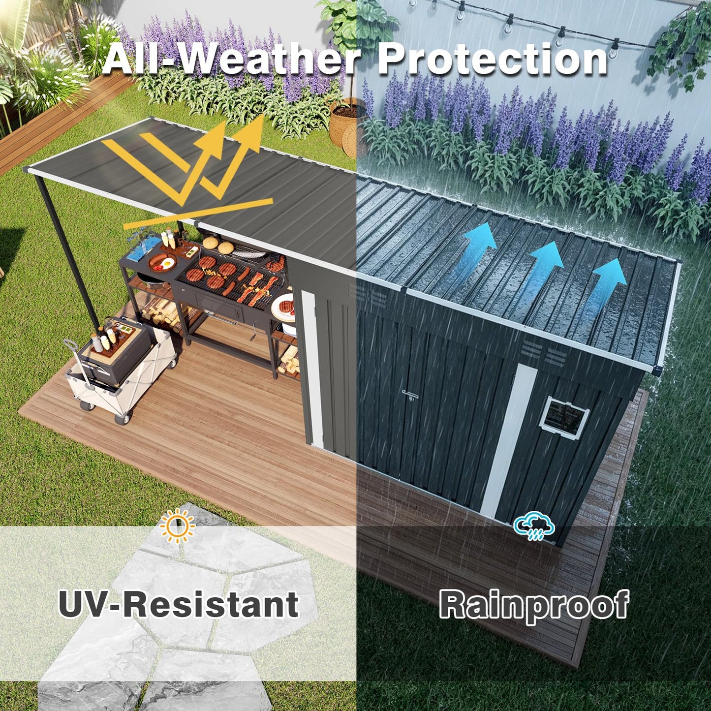 Praxatek 2-in-1 Metal Outdoor Storage Shed with Hardtop Pergola, 4x12 Ft, Gray, Sloped Roof, for Backyard, Patio, Garden