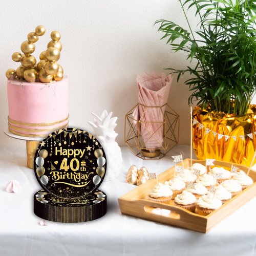 EVYIENEN 50Pcs 40th Birthday Party Paper Plates,7inch Disposable Black and Gold Dessert Party Plates Party Decorations for Men Woman 40th Happy Birthday Wedding Party Supplies