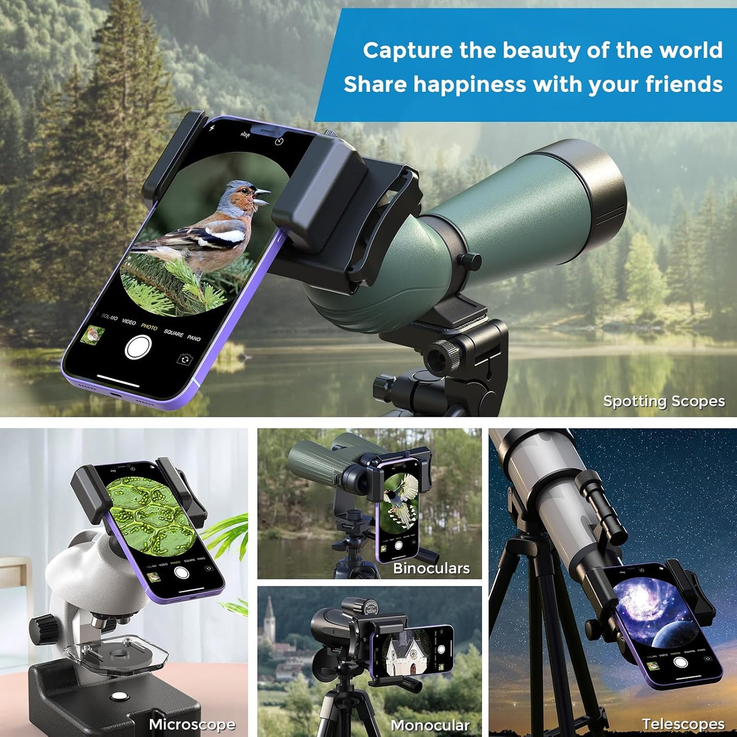 APEXEL 360 Telescope Phone Adapter, Upgraded Binocular Photo Adapter for Android & iPhone, Smartphone Mount