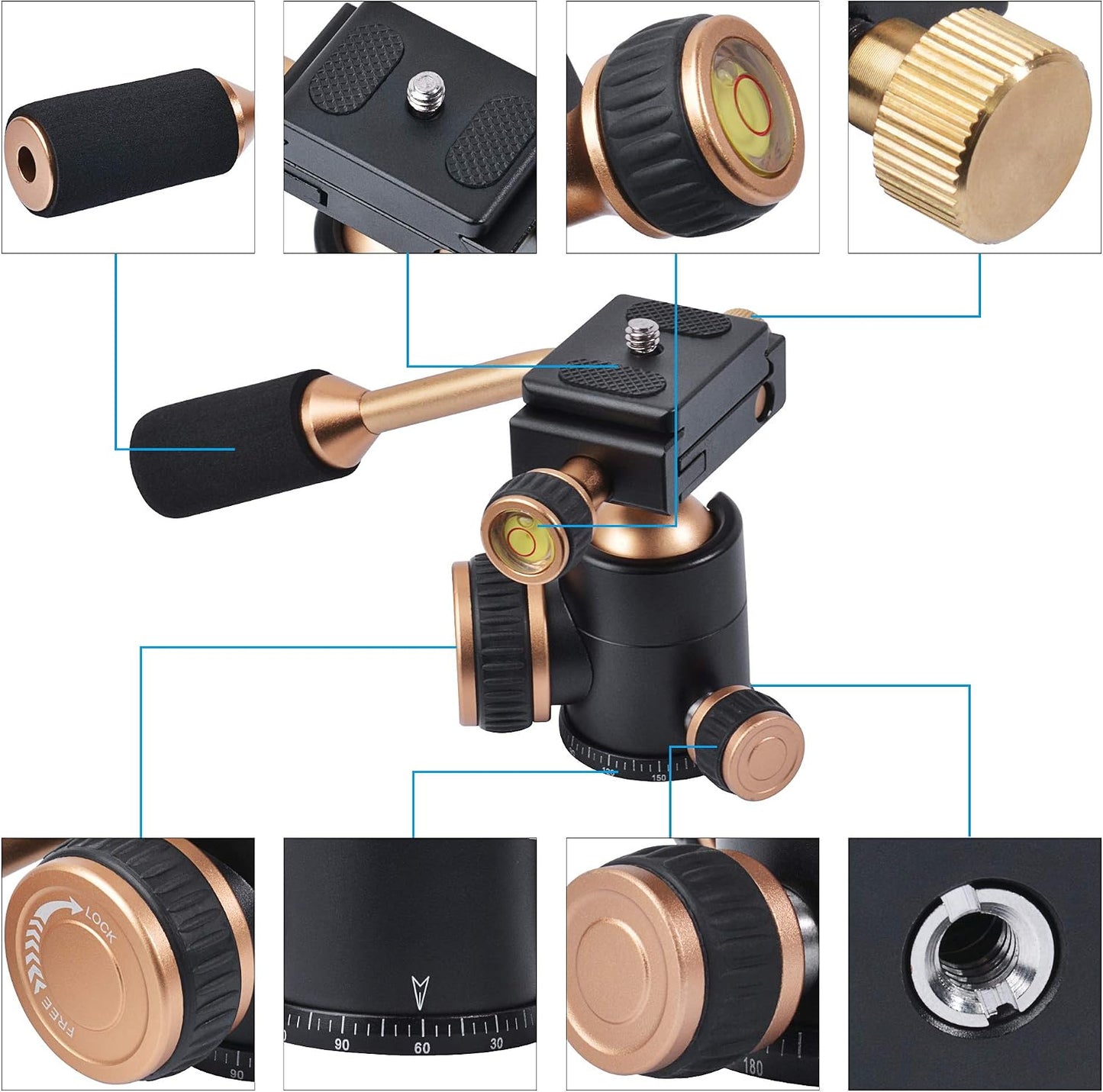 Ruittos 1/4 Tripod Head, Flexi-Tilt Universal Ball Head with Quick Release Plate, Screw for DSLR Camera, Video