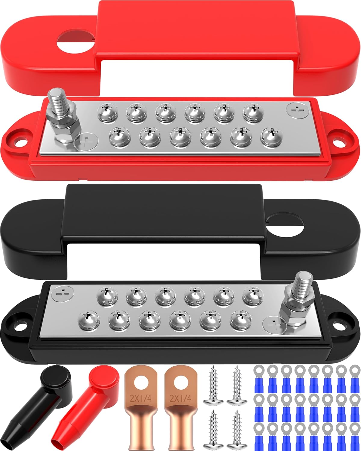 Crivon 12V 150A 1/4" 12 #8 Bus Bar Power Distribution Block: DC Battery Marine Bus Bar Terminal Block with Cover Stud