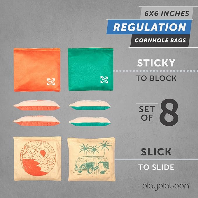Professional Cornhole Bags - Set of 8 Regulation All Weather Double Sided - Sticky Side/Slick Side Bean Bags for Pro Corn Hole Game