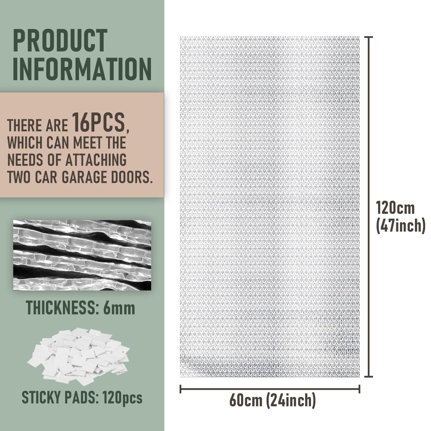 16pcs 24"x 47" Garage Door Insulation Kit for 2 Car, 6mm Thick Double Bubble Panels Reflective Aluminum Foil Summer&Winter Barrier Sheets for Garage Greenhouse Attics Walls