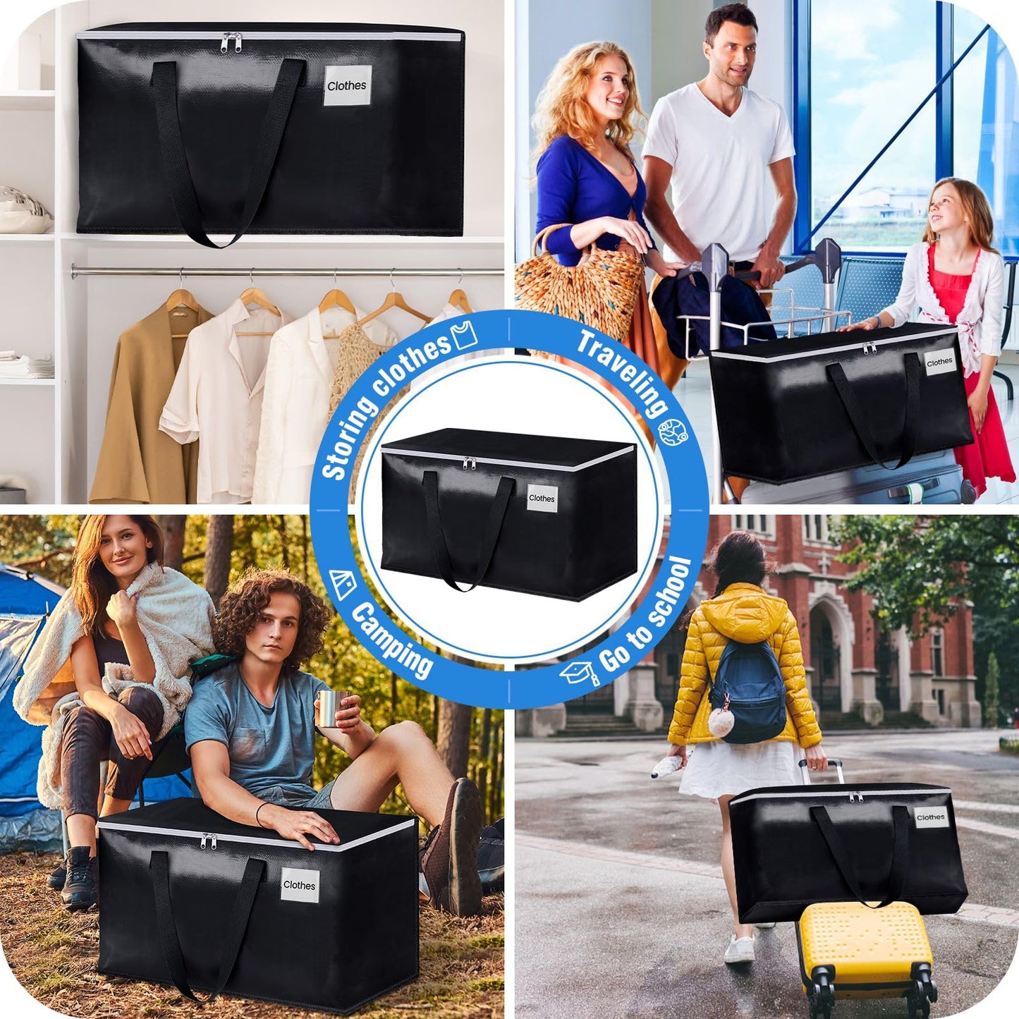 BlissTotes Moving Bags, Heavy Duty Moving Boxes with Zippers Top and Sturdy Handles, Storage Bags for Space Saving and Packing, Collapsible Moving Supplies, Storage Totes (125L, 10-Pack, Black)