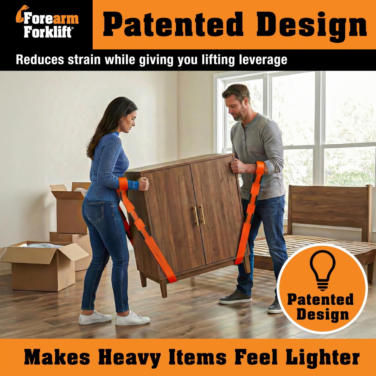Forearm Forklift Furniture Moving Straps – 2-Person Lifting Strap for Moving Furniture, Appliances, Heavy Duty Carrying for Heavy Objects up to 800 lbs, Orange