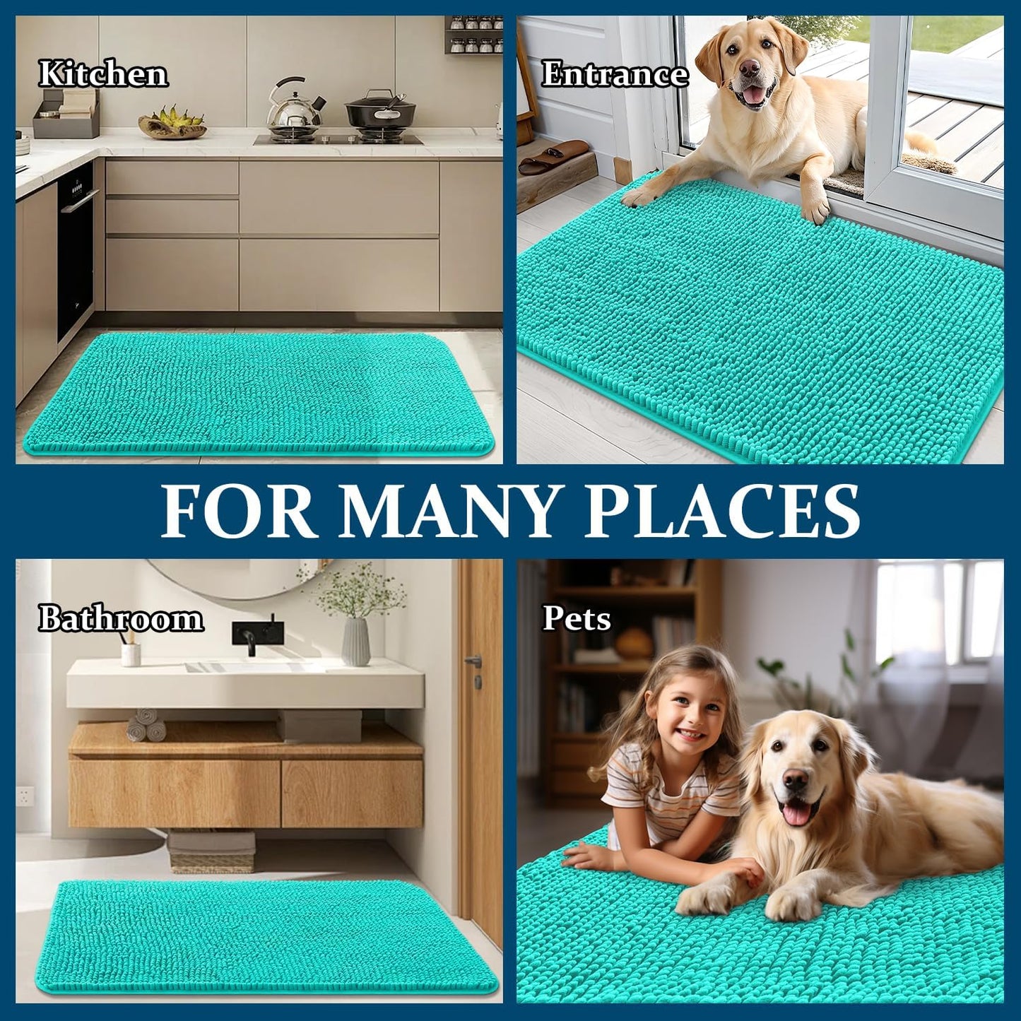 OLANLY Dog Door Mat - Absorbent Non-Slip Chenille Mat for Muddy Paws | Quick Dry 59x24, Teal