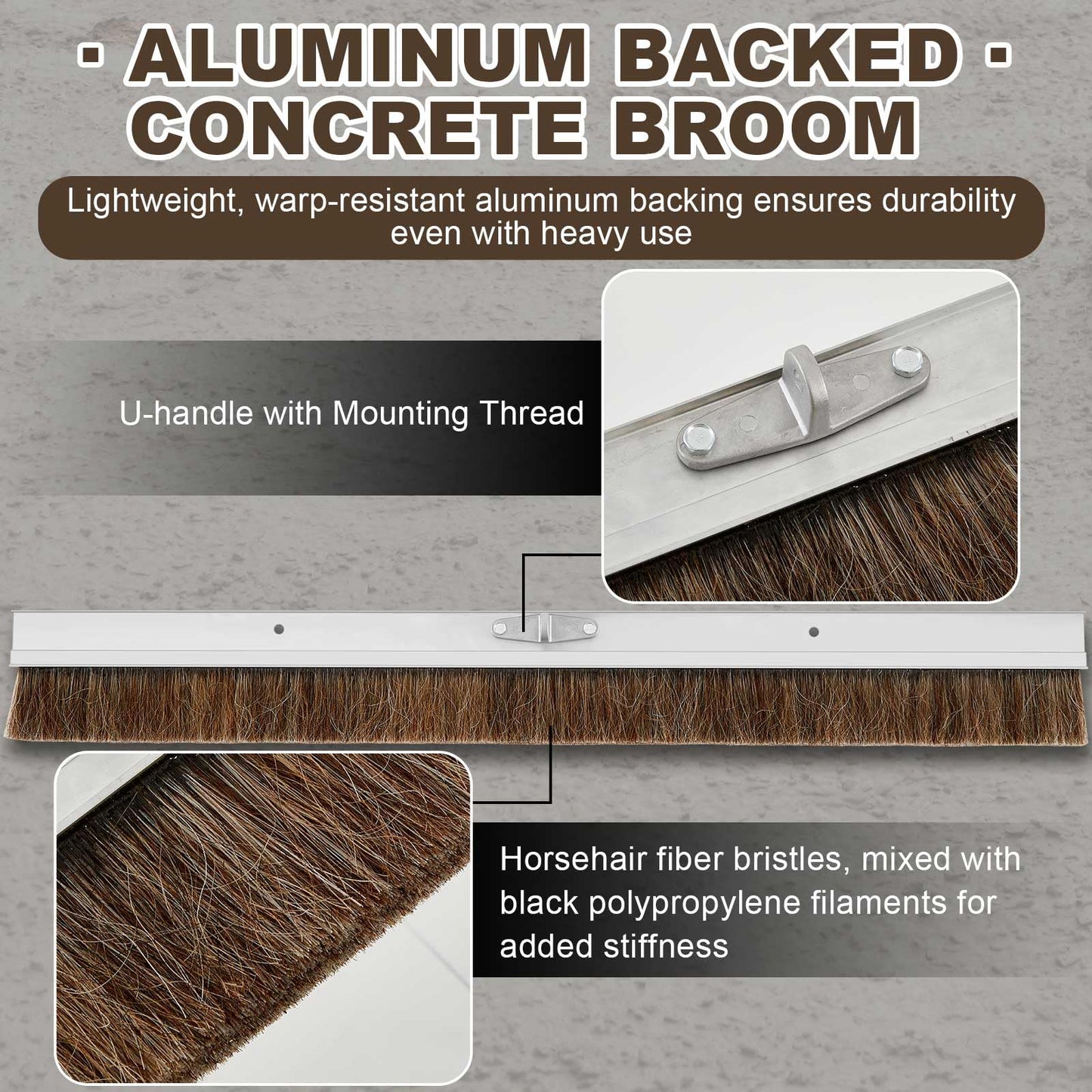Hushee Aluminum Backed Concrete Broom, Concrete Broom Finishing with Clevis Handle Bracket, 48-inch for Driveways, Sidewalks, Wet Concretes(Mixed Hair)
