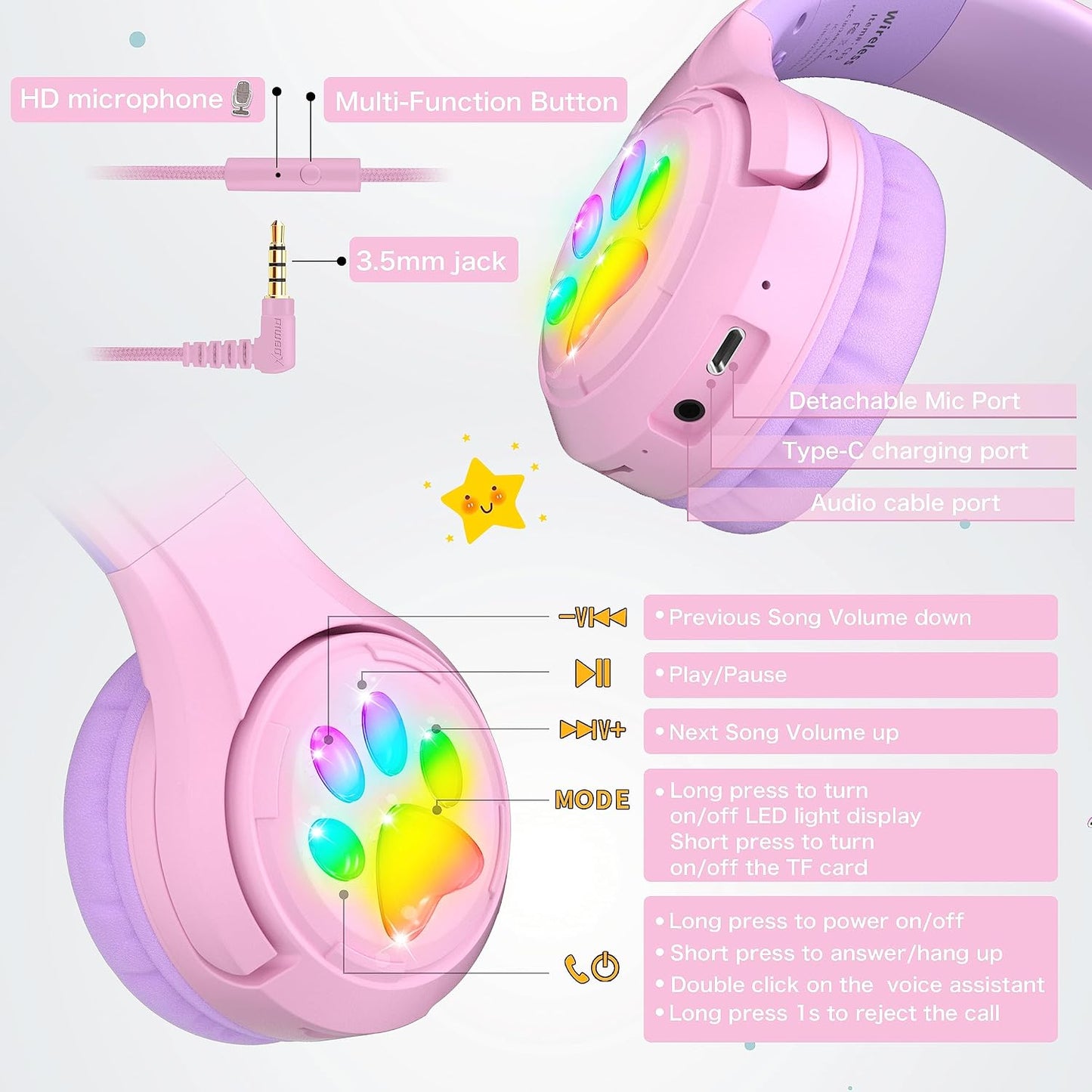 CF9 85dB Riwbox Cat Ear Kids Bluetooth Headphones with LED Light Up,Safe Volume Limit,Built-in Mic&Boom Mic