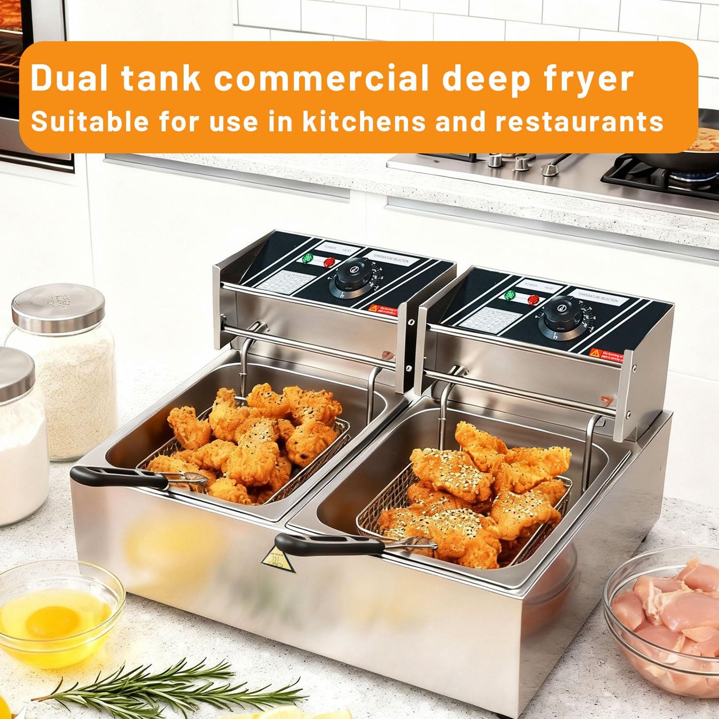 Commercial Electric Deep Fryer with Basket, 18.2Qt/17.2L Dual-Tank Large Capacity Stainless Steel Fryer, 3000W Rapid Heating with Removable Oil Pot & Temp, ETL Certified for Restaurant & Home Use
