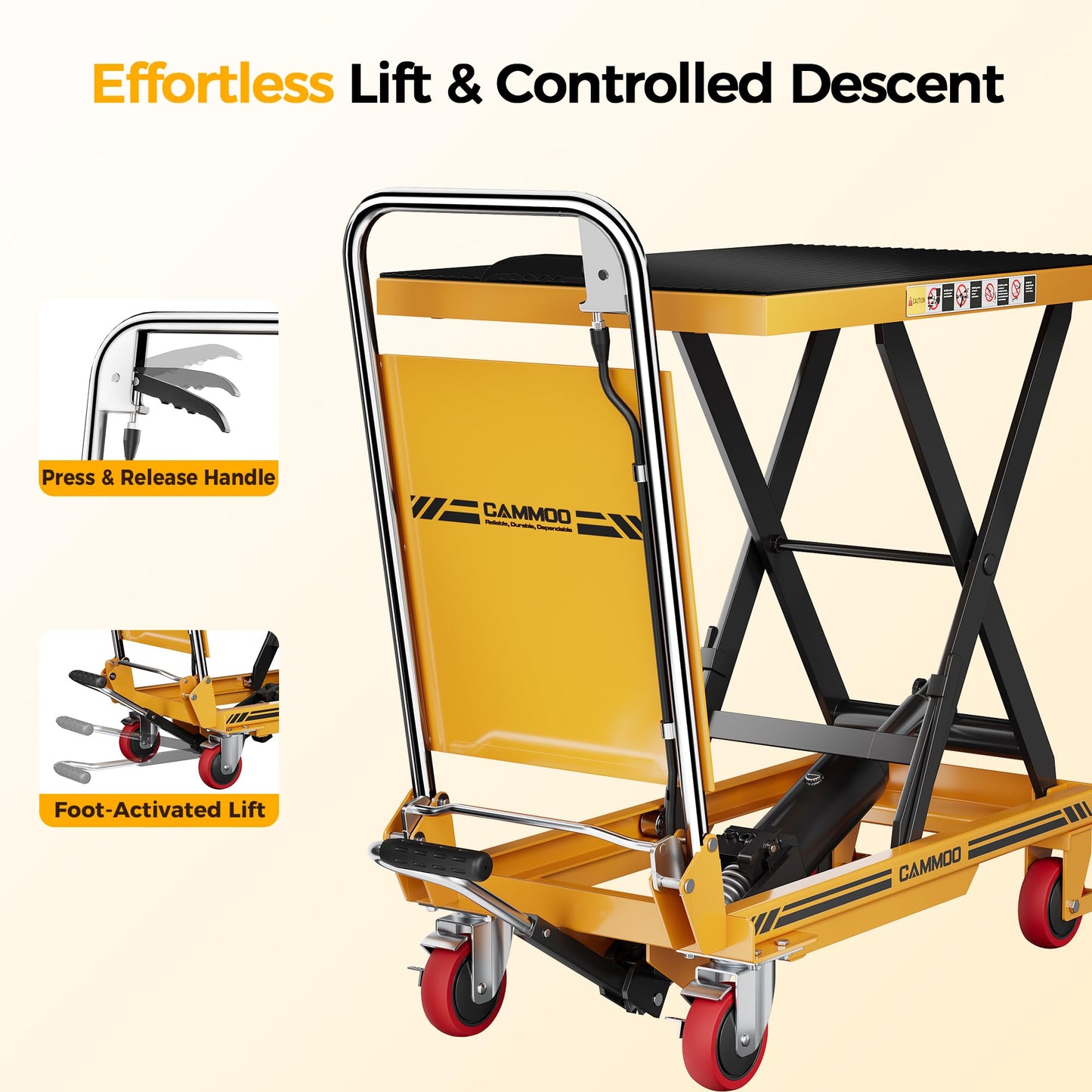CAMMOO Foldable Hydraulic Lift Table Cart, 330lbs Capacity, 28.5" Lifting Height, Single Scissor Lift with Non-Slip Pad & Thickened Scissors Design for Material Handling and Transportation, Yellow