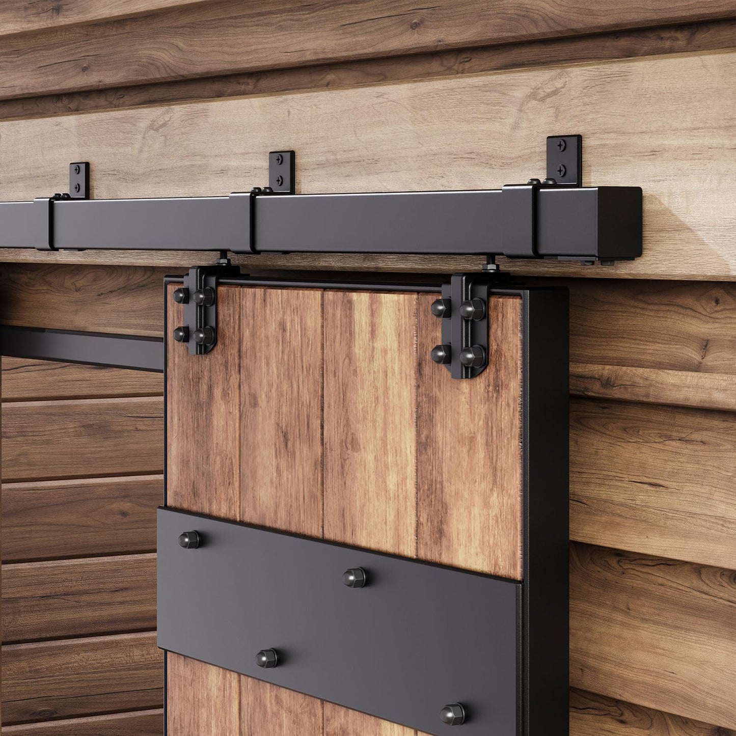 Easelife 8FT Exterior Sliding Barn Door Hardware Kit, Box Rail Track, 450lb Capacity, Black Weather-Resistant Steel, Wall Mount System for Outdoor Use, Fit Single 48in Door