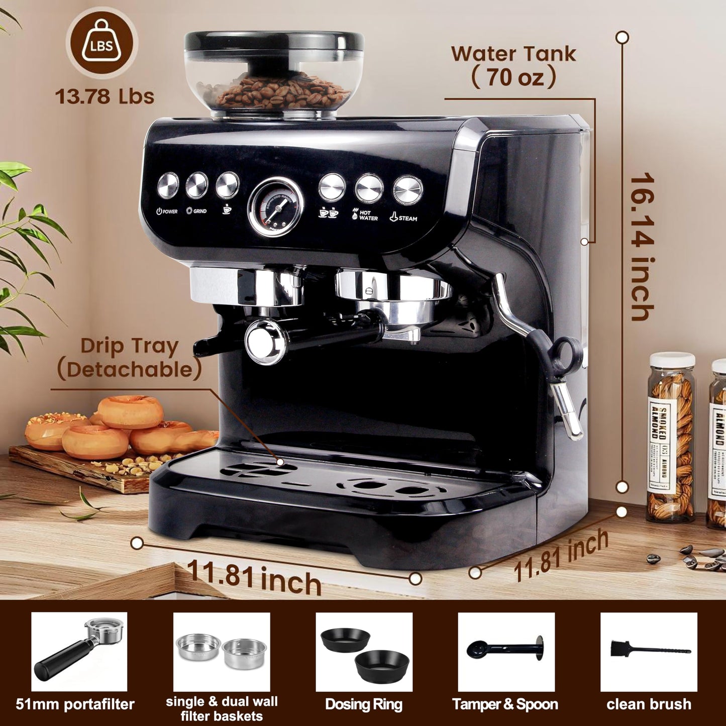 MIROX Espresso Machine 15 Bar, Coffee Maker With Milk Frother Steam Wand, Built-In Bean Grinder, Combo Cappuccino Machine with 70oz Removable Water Tank (ABS high-strength plastic shell)