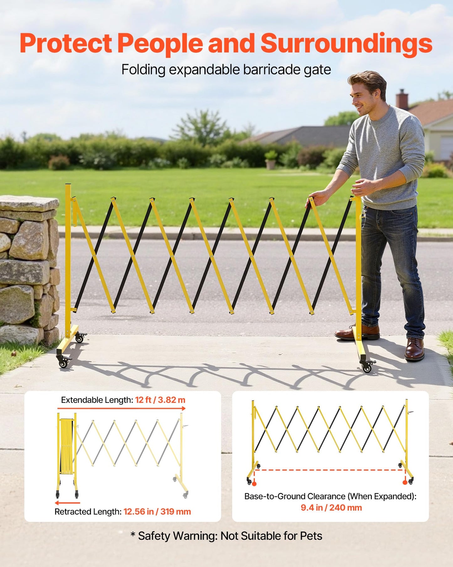 VEVOR Industrial Expandable Barricade, 12FT Expandable Safety Barrier, Flaxible Mobile Barricade with Locking Casters, Portable Folding Security Gate Traffic Fence for Driveway Warehouse Elevator
