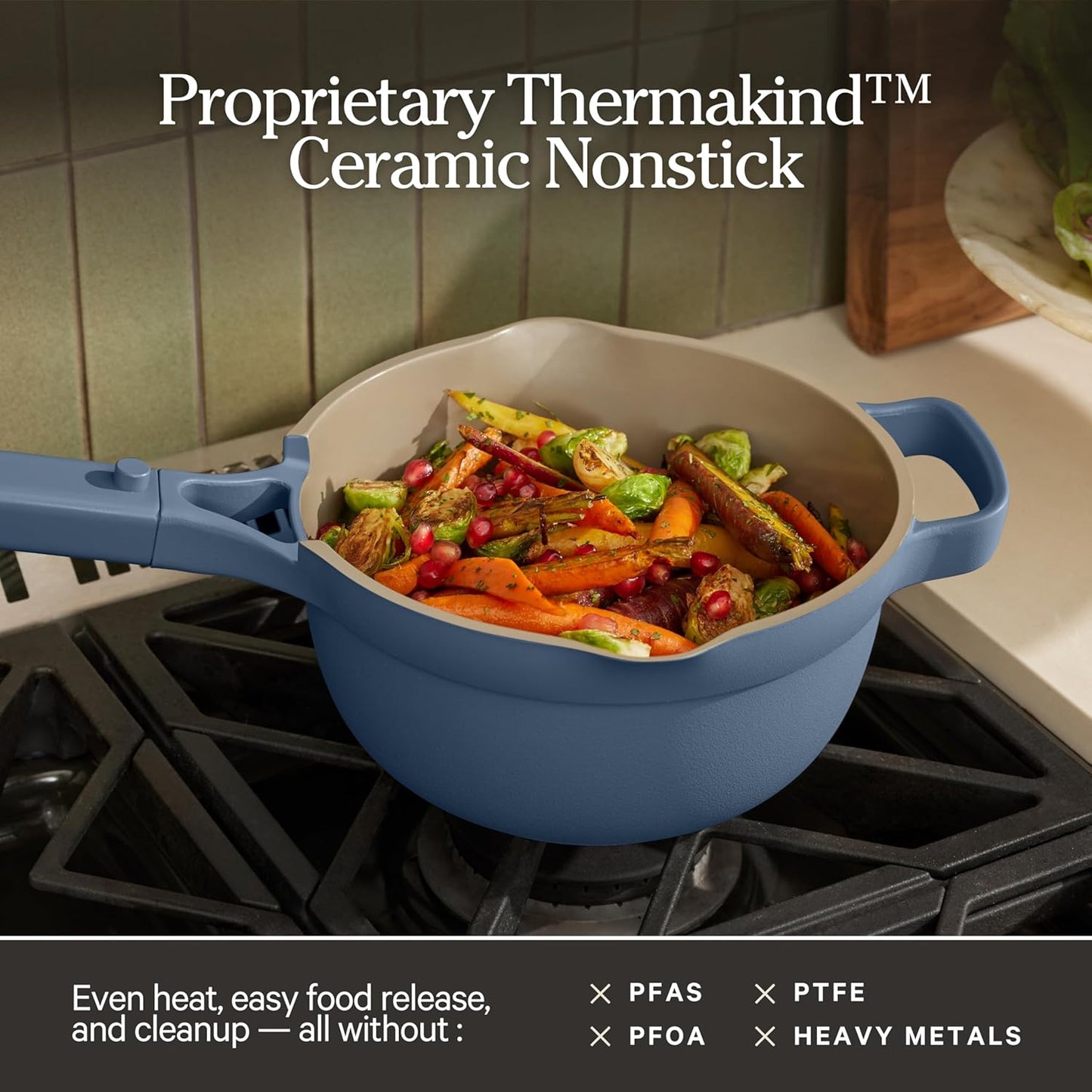 Our Place Mini Perfect Pot - 2.5 Qt Ceramic Cookware with Lid & Spatula | Patented 8-in-1, PFAS-Free, Non-Toxic | Induction & Oven-Safe to 450°F | Blue Salt