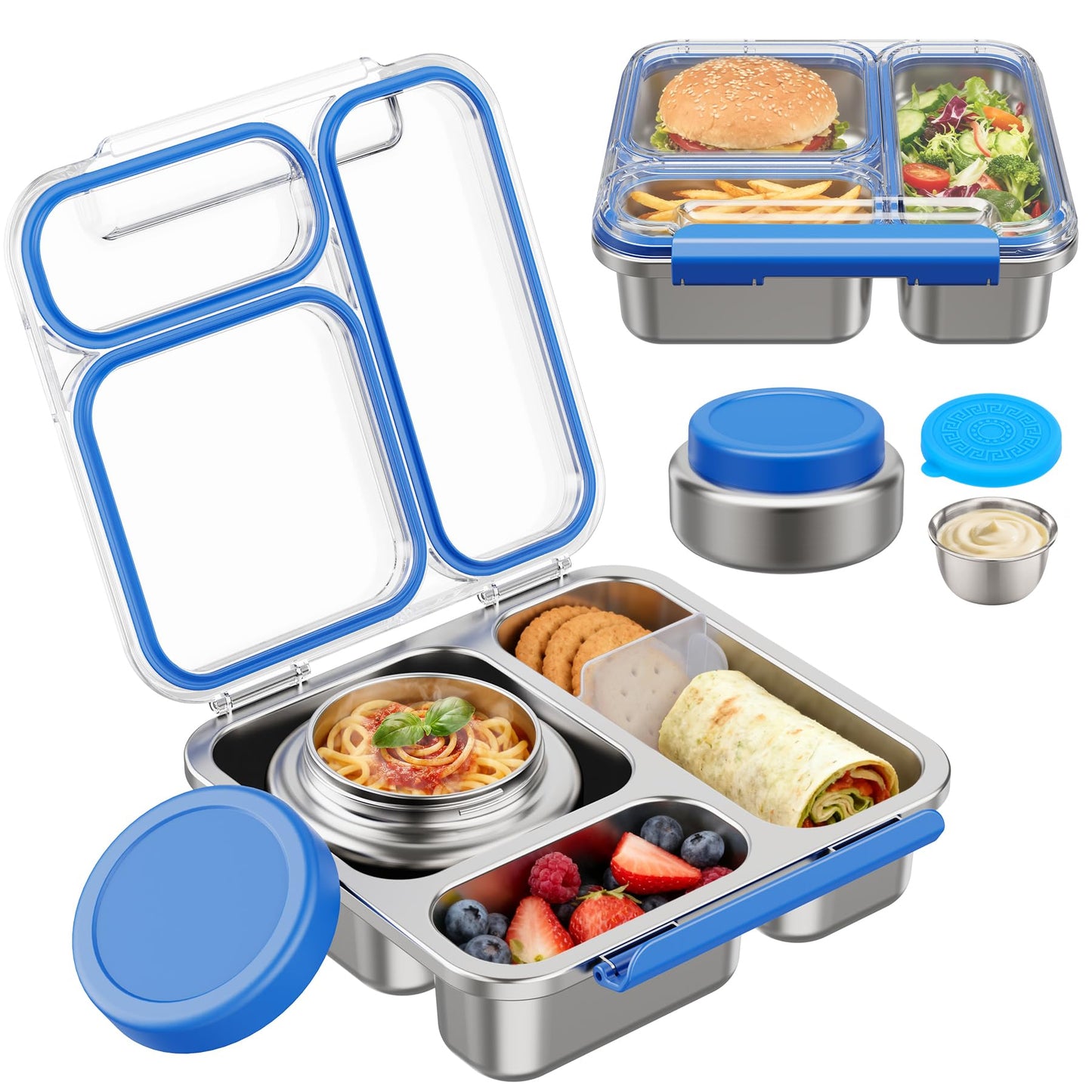 Pawtong Stainless Steel Bento Box Kids Adult with 7oz Insulated Food Jar, Transparent Lid Metal Lunch Box With Soup Thermal Jar, Lunch Box Container with Removable Divider & Sauce Cup School (Blue)