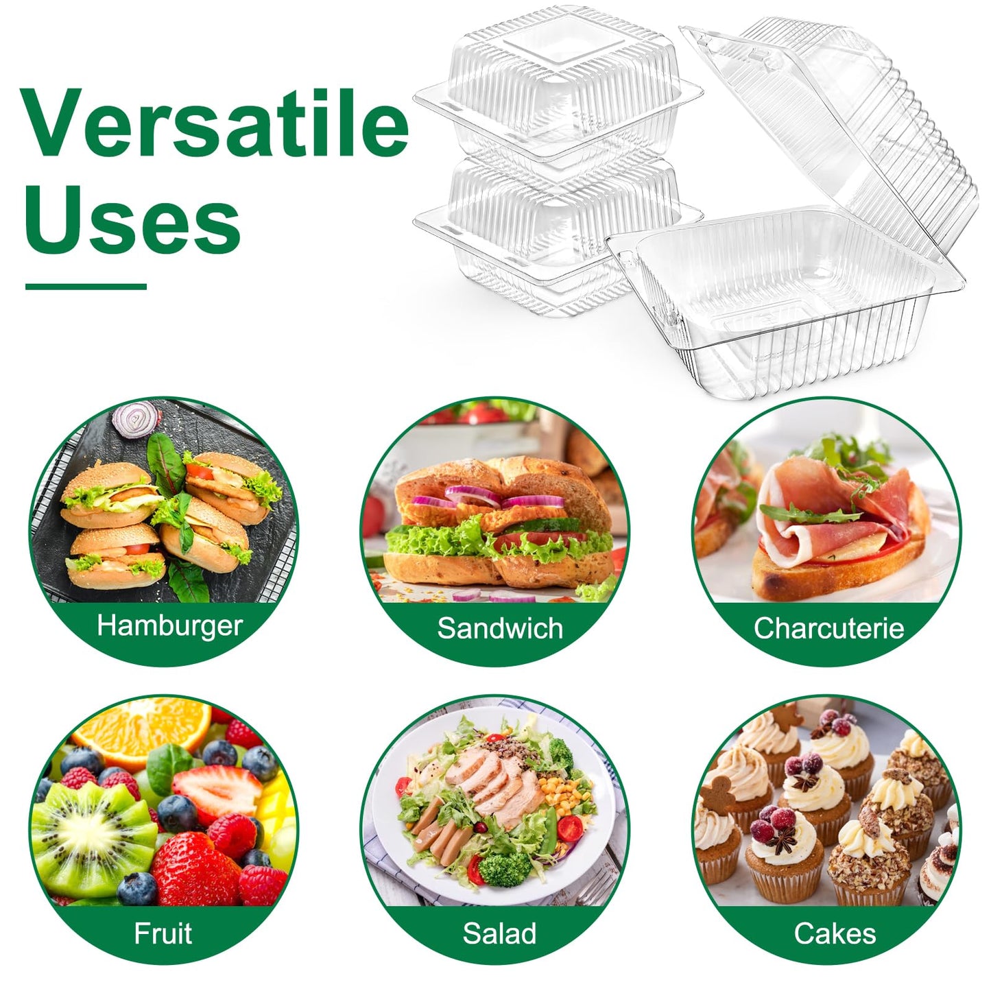 TOFLEN 100 Pack Plastic Clamshell Food Containers, Clear Square Cake Slice Containers with Hinged Lids, Disposable To Go Boxes for Mini Cake, Salad, Sandwich, Dessert, Cookie