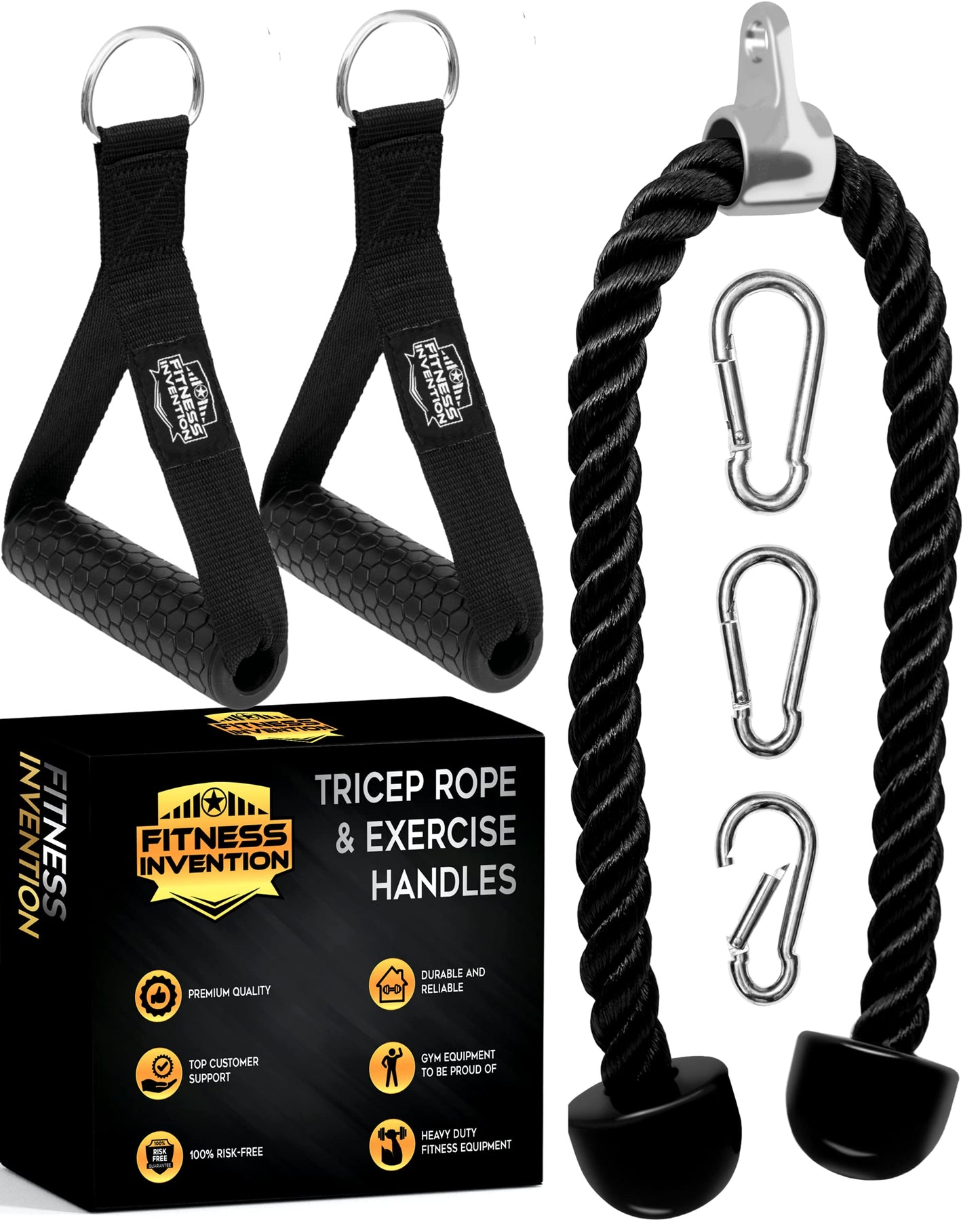 Fitness Invention Tricep Rope Cable Attachment 35" - Cable Machine Handles 2X - Carabiner Clips 3X - Tricep Pull Down Rope for Gym