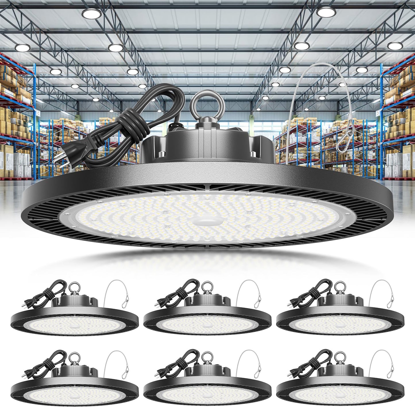ELEKICO Super Bright 250w UFO LED High Bay Light 37500lm with Plug 5ft Cable (Eqv.1000w Mh/Hps/Hid),5000k High Bay Led Shop Lights Garage Lighting for Garage Factory Workshop Warehouse Barn -6pack