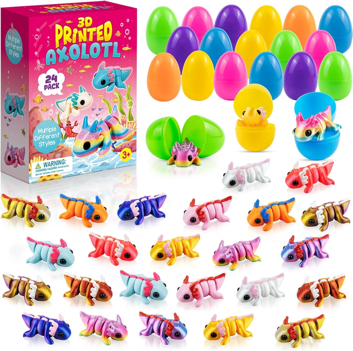 Skiennix Easter Basket Stuffers - 24 Pack Prefilled Easter Eggs with 3D Printed Axolotl Toys - Fun Mini Fidget Figures for Kids