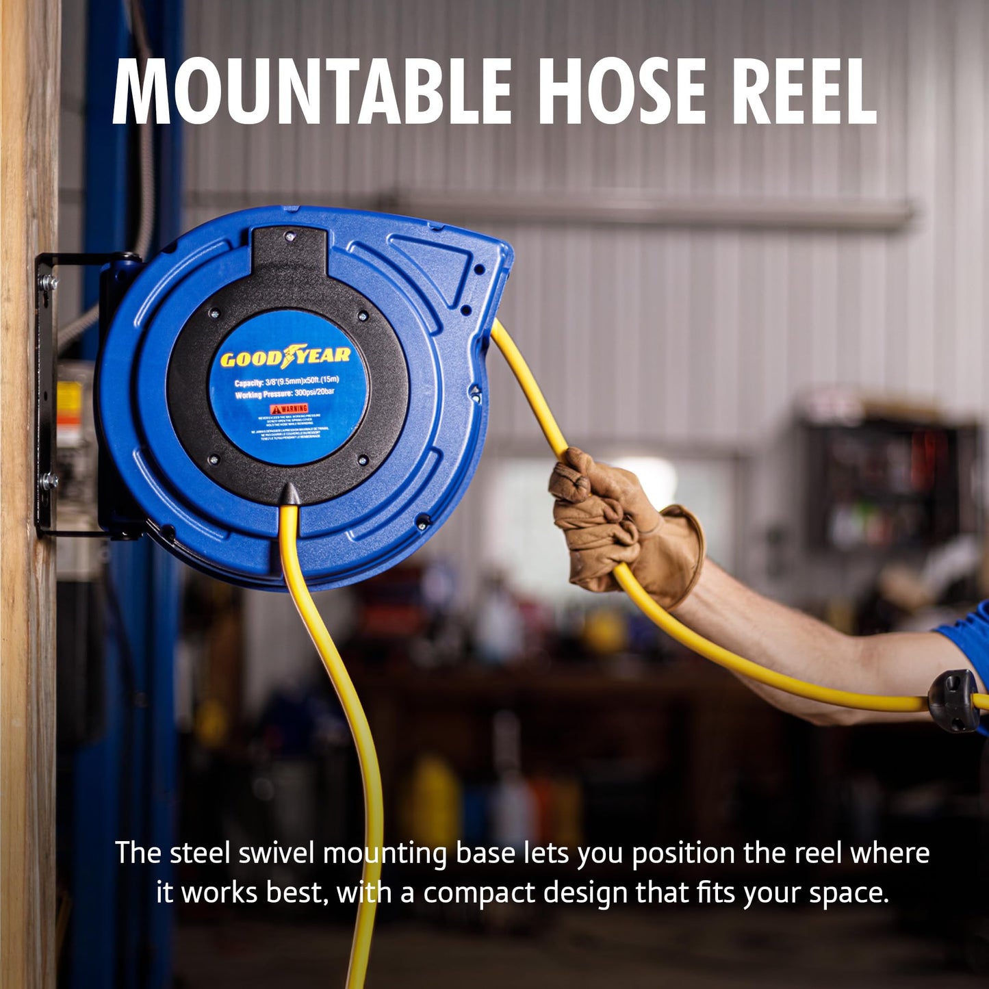 Goodyear Air Hose Reel Retractable 3/8" Inch x 50' Foot Hybrid Polymer Hose Max 300PSI Commerical Polypropylene Construction