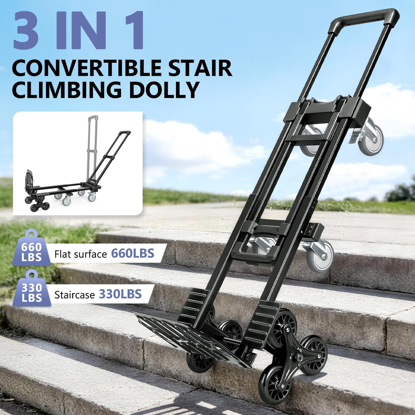 KEDSUM 3-in-1 Convertible Stair Climbing Dolly, 660LBS Heavy Duty Dolly Cart with Wheels, Hand Truck with Adjustable Handle Angle & Expandable Base for Home, Warehouses, 10-Wheel Design with Brakes