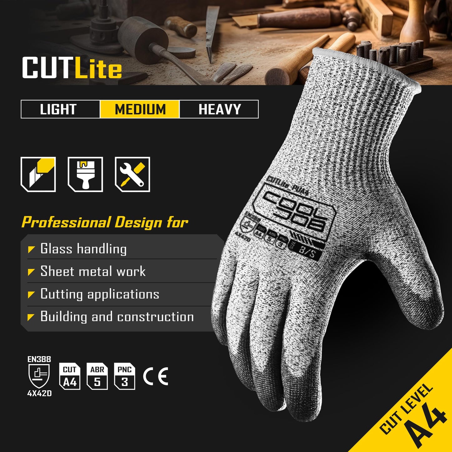 COOLJOB 12/120 Pairs A4 Cut Resistant Safety Work Gloves with Grip, Breathable & Lightweight Polyurethane PU Coated Protective Gloves for Wood Carving, Glass Handling, Mechanic Work, Gray Large