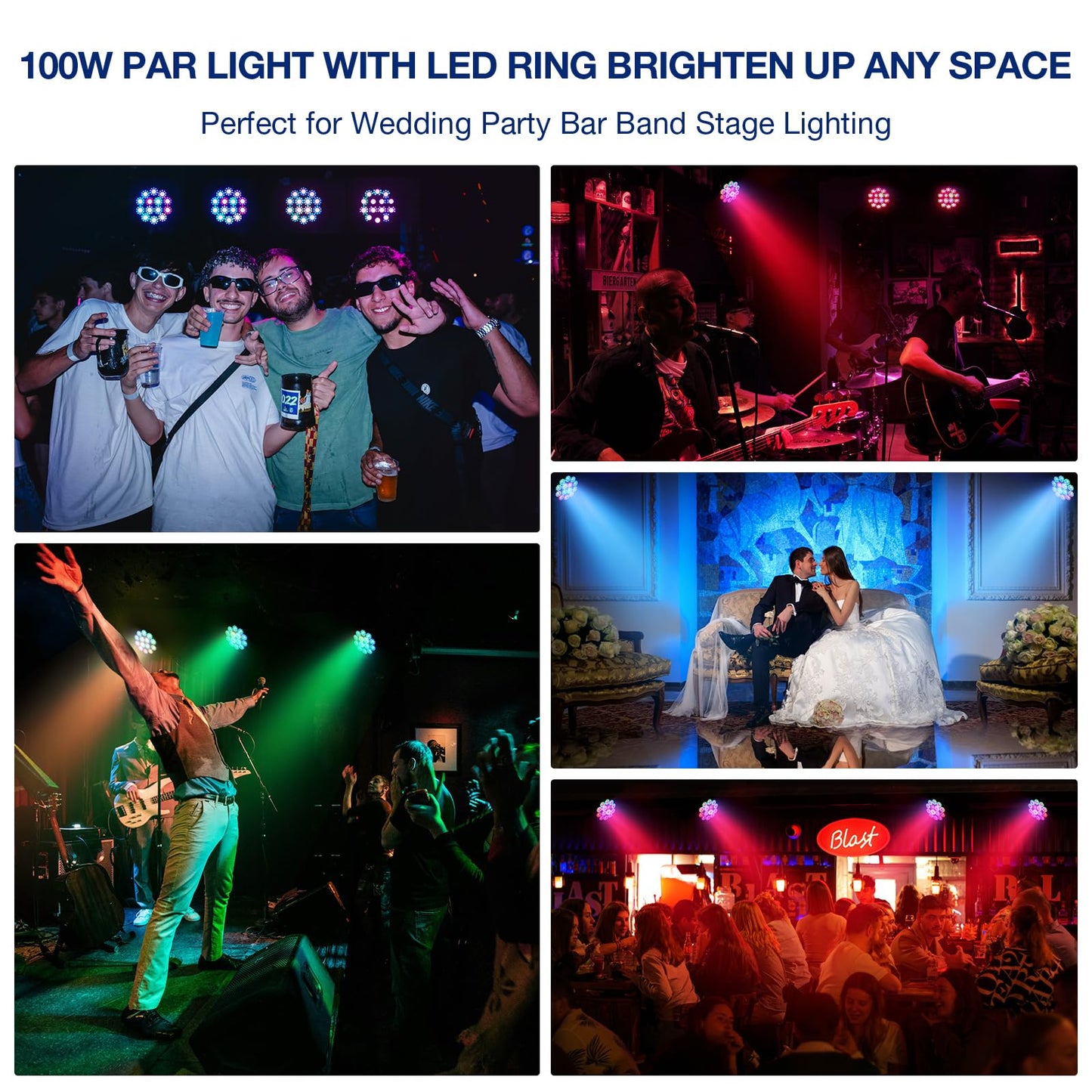 OPPSK LED Stage Par Lights: 2Pack 100W Dual-Effect 10 Ring LED Surrounded 14 RGBW Par Can - Dimmable Sound Activated - Remote & DMX Control - Uplights for DJ Wedding Party Club Bands Stage Lighting