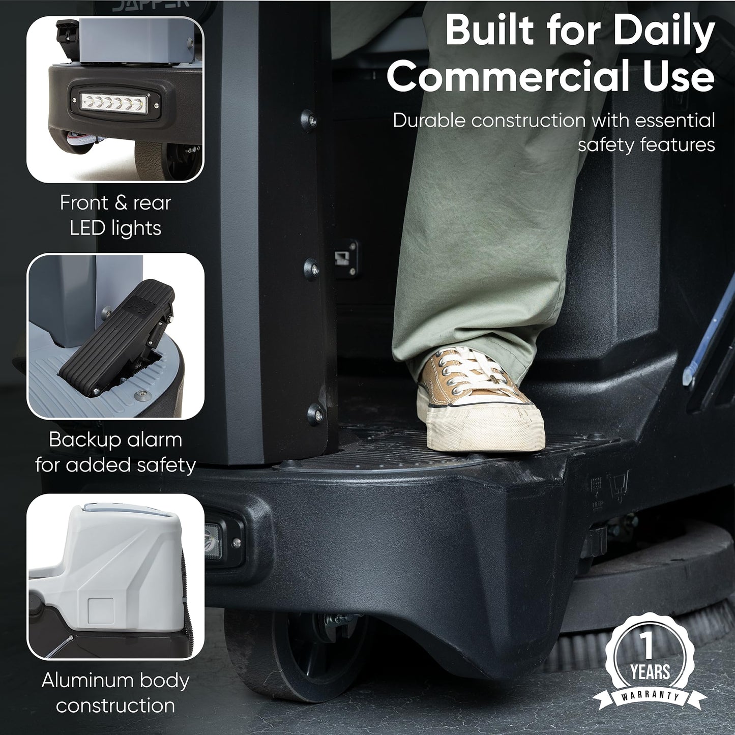 Battery Powered Ride-On Commercial Floor Scrubber Machine, 22" Brush, 31.5" Squeegee Width, 19 gal Solution Tank, 20 gal Recovery Tank, 5 hr Use 7 hr Charge, 200 RPM, 48,400 Sqft/H, Batteries Included