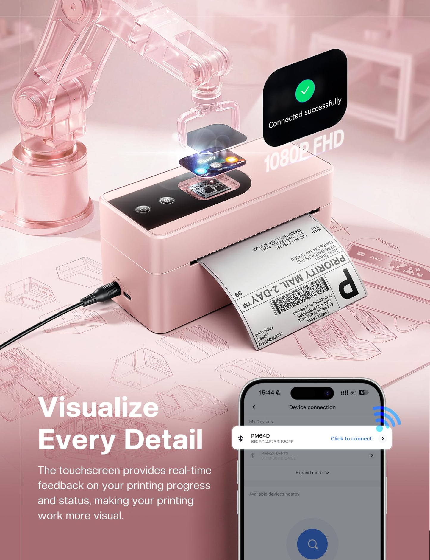 Phomemo 4x6 Shipping Label Printer with Touch Screen, Bluetooth Thermal Printer for Small Business, Auto Label Detection, 150mm/s High Speed, Compatible with Amazon, USPS, UPS, iOS Android Windows Mac