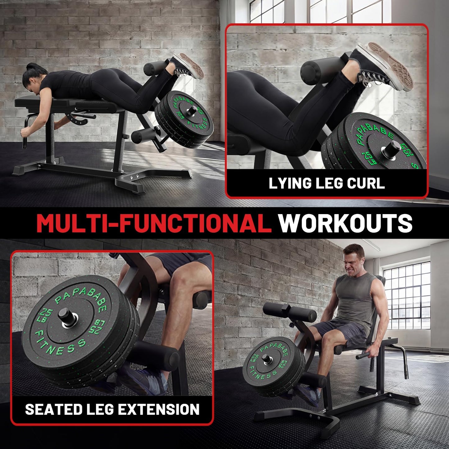 PAPABABE Leg Extension and Curl Machine, Adjustable Leg Machine, Seated Leg Extension and Lying Leg Curl Machine, Lower Body Workout Equipment for Home Gym, Compatible with 1'' and 2'' Weight Plates