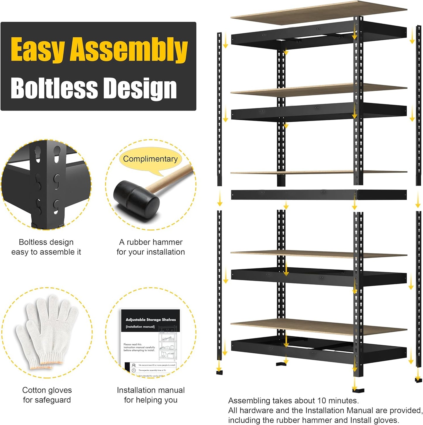 PrimeZone Heavy Duty Storage Shelves - 5-Tier Adjustable Metal Rack for Garage, Pantry, Kitchen | 48" x 24" x 72" - Black