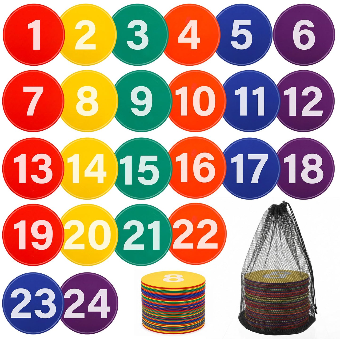Shappy 24 Pcs Poly Spot Markers with Carry Bag 9 Inches Numbered Floor Dots Anti-Slip Spot Markers Waterproof Flat Field Cones Circles Poly Dots for Agility Drills Basketball Football Training Gym